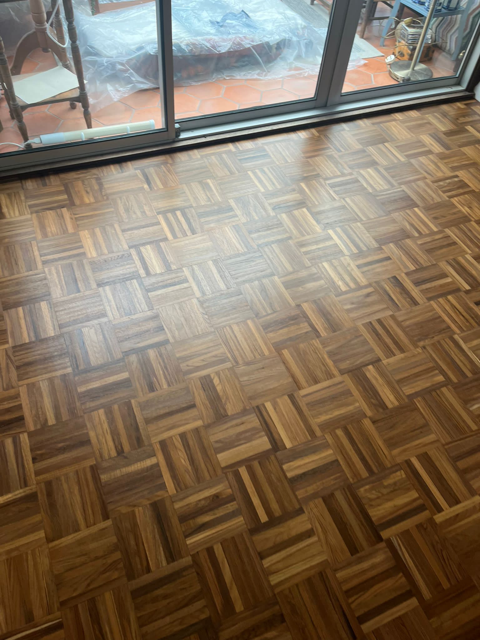 Rare 8-Finger Burmese Teak Mosaic Parquet Floor Restored, Salisbury
