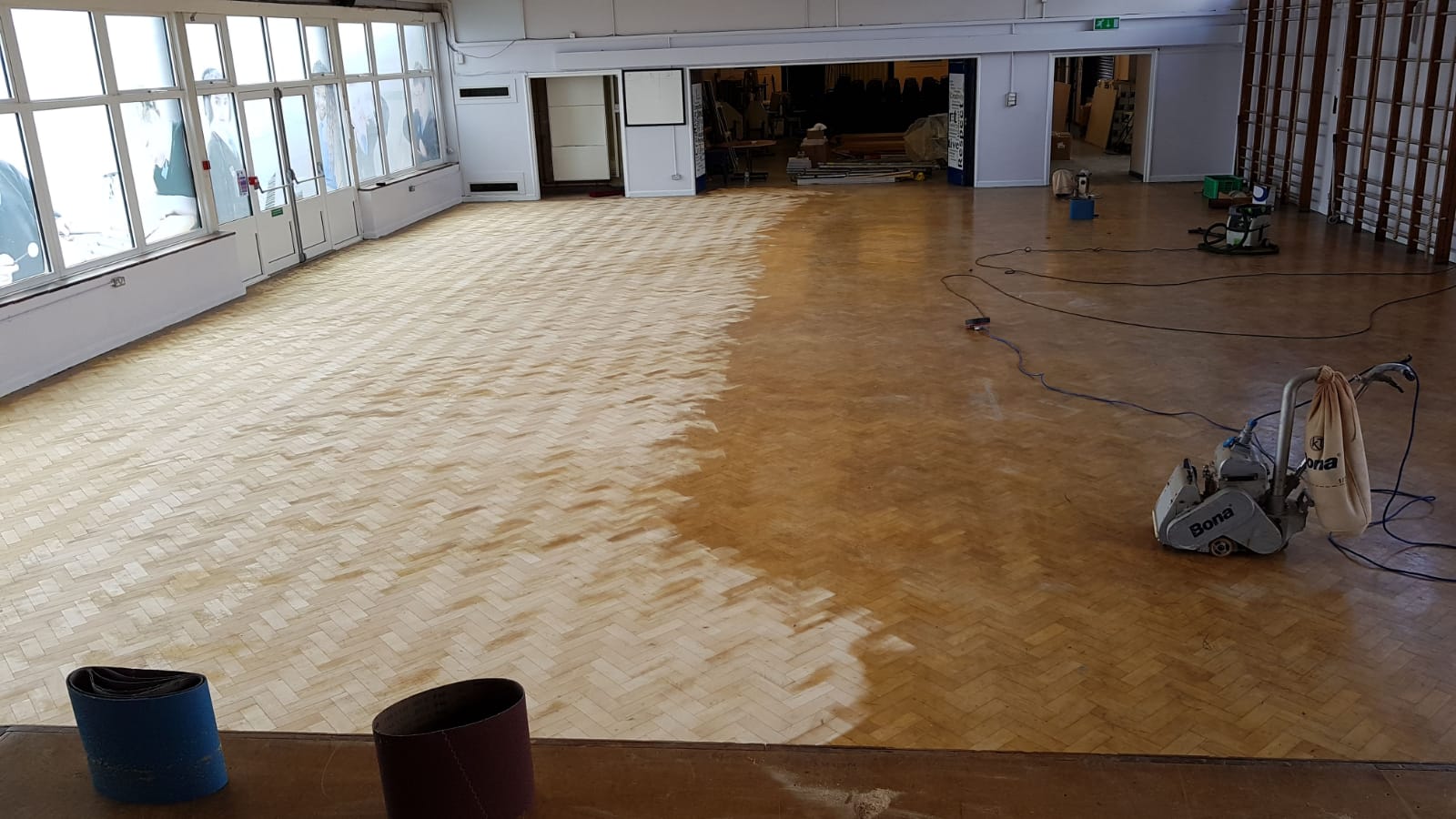 Parquet Hall Floor Sanded & Restored, Pewsey Vale School, Wiltshire