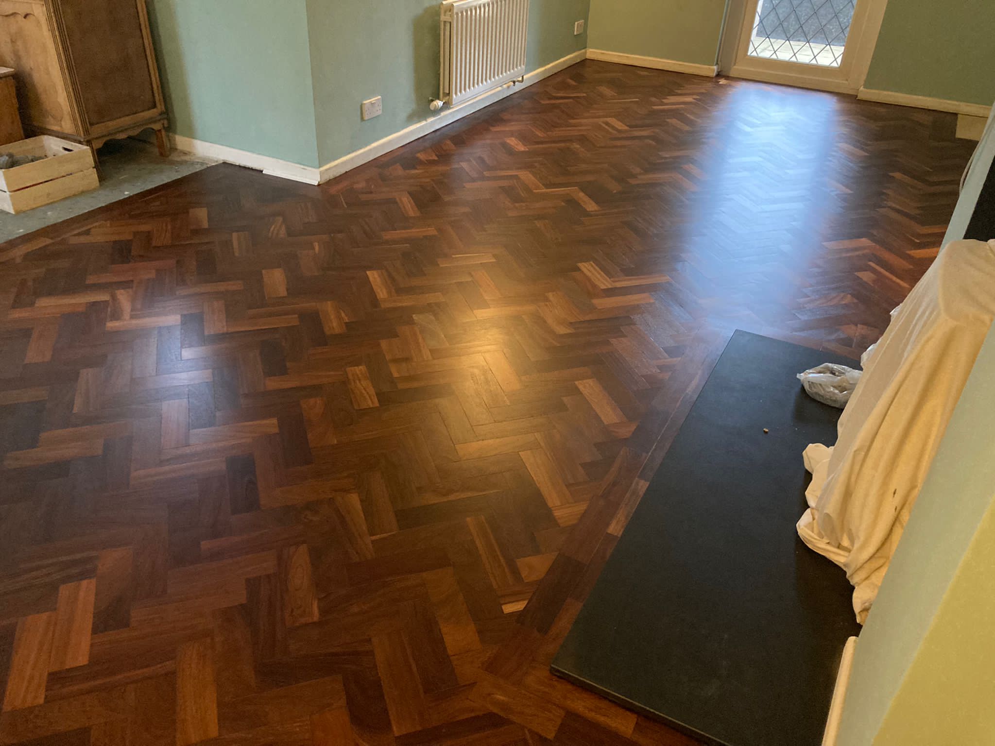 African Mahogany (Sapele) Herringbone Parquet Restoration, Andover