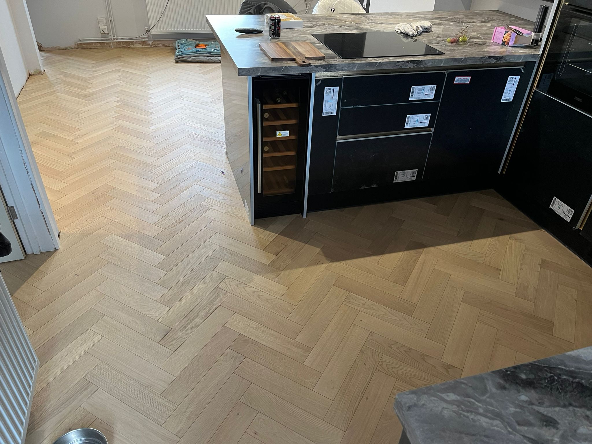 Raw Brushed & Lacquered Herringbone Parquet Wood Flooring Installed, Salisbury