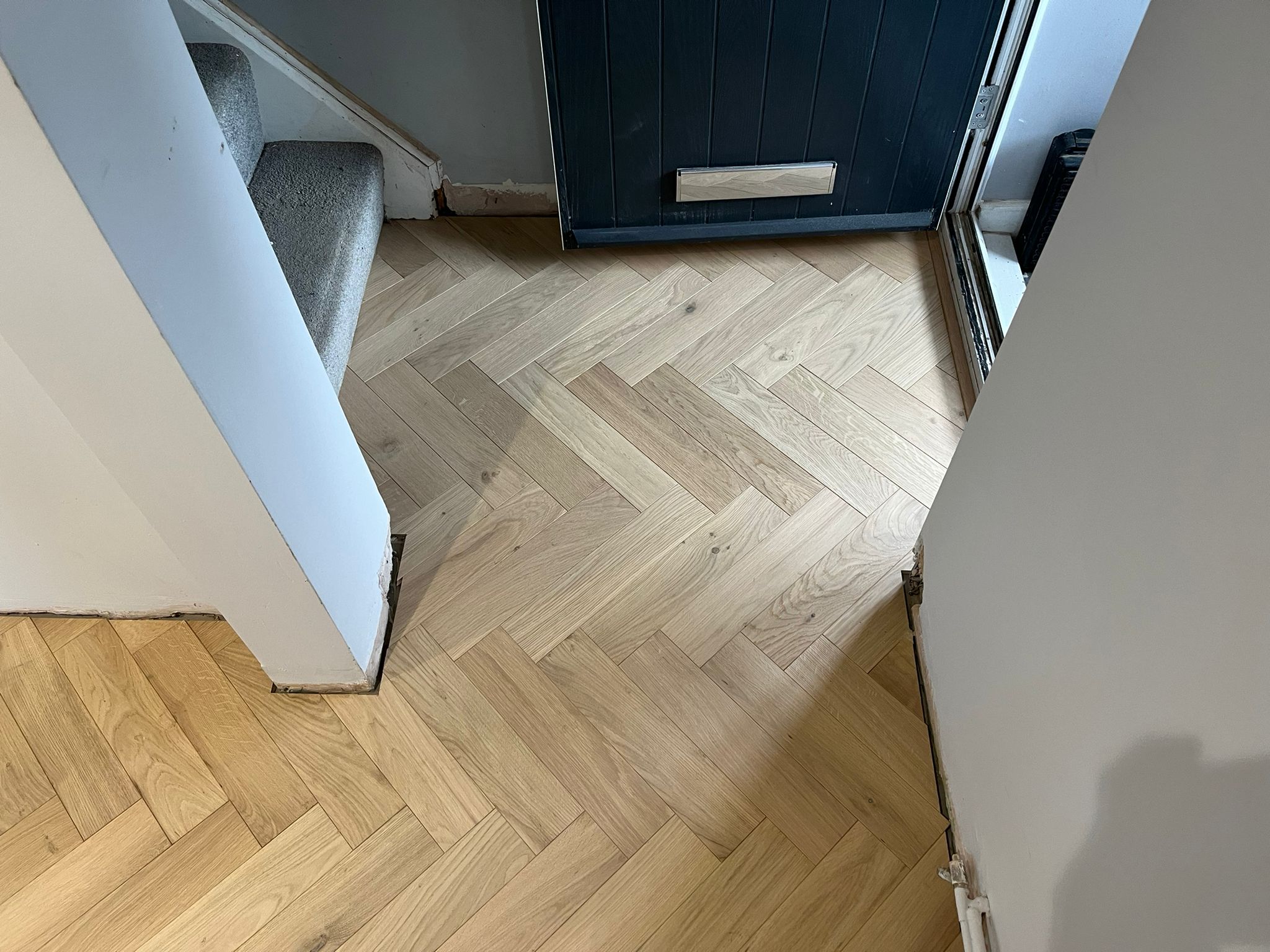 Raw Brushed & Lacquered Herringbone Parquet Wood Flooring Installed, Salisbury
