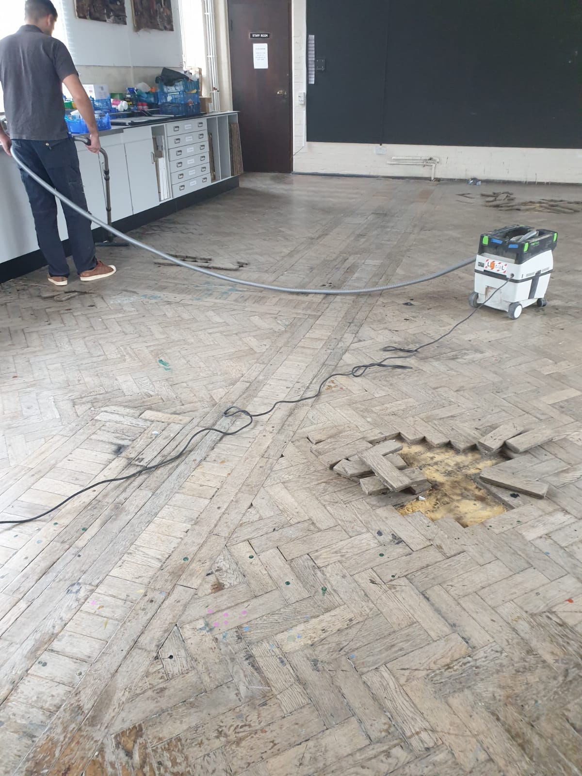 Oak Herringbone Parquet Floors Restored, Godolphin School, Salisbury