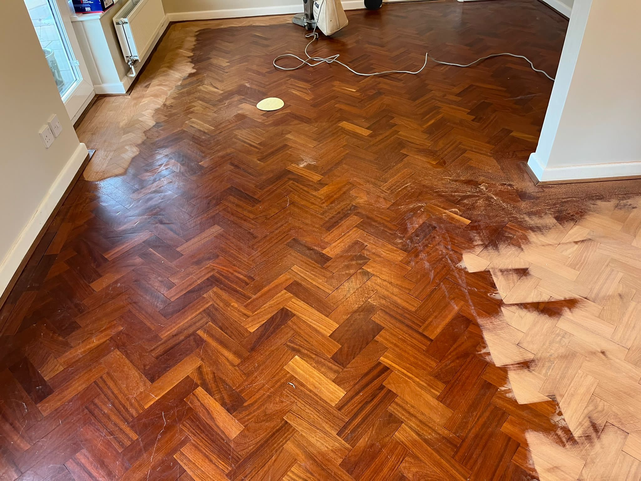 Burmese Teak Herringbone Parquet Floor Restoration, Andover