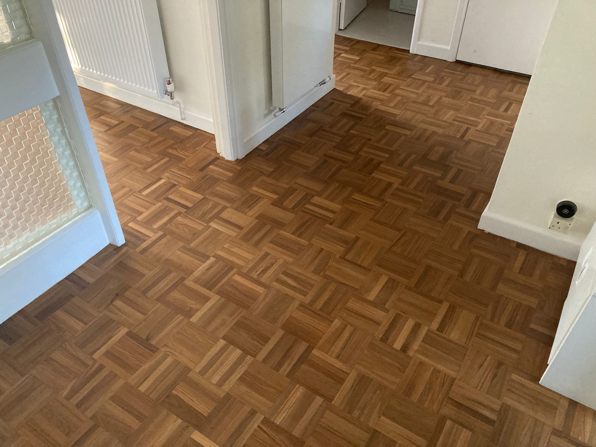 (new) Burmese or Indonesian Teak Mosaic parquet Restoration, Bona traffic Xtra Matt - Lymington