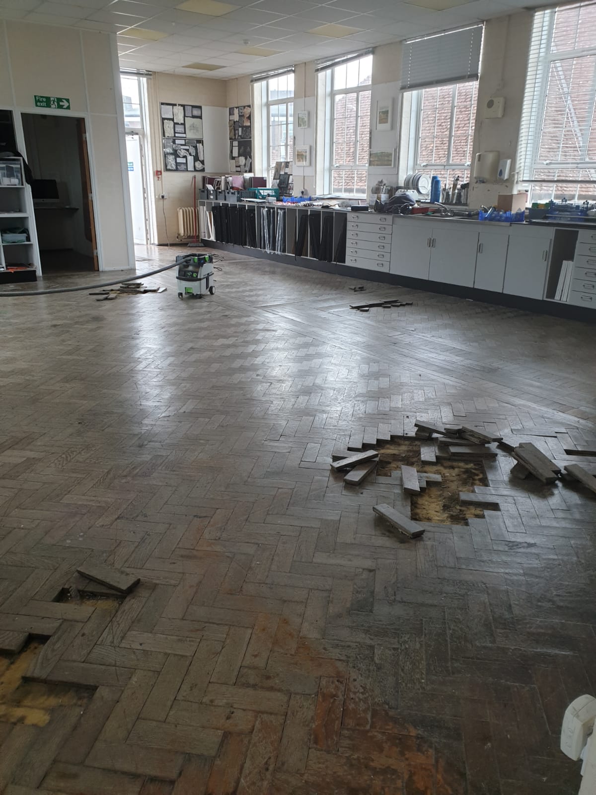 Oak Herringbone Parquet Floors Restored, Godolphin School, Salisbury