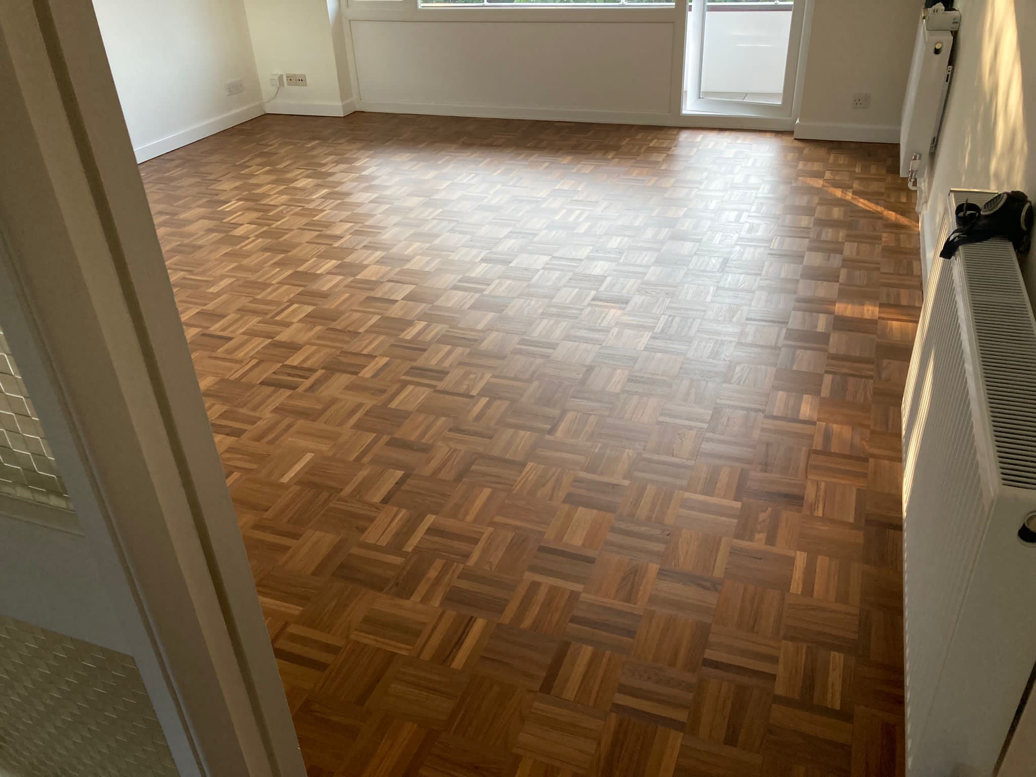 (new) Burmese or Indonesian Teak Mosaic parquet Restoration, Bona traffic Xtra Matt - Lymington