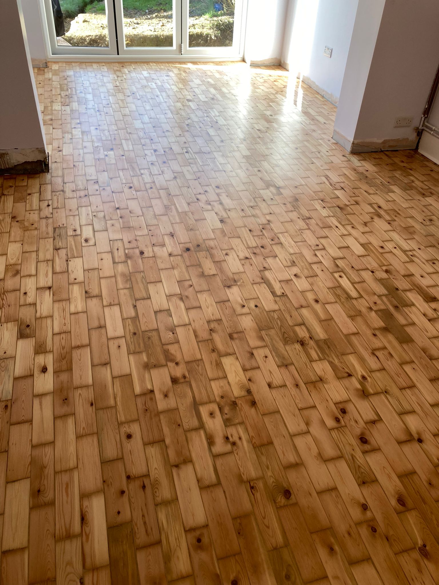 New Scots Pine Parquet Brick Effect Floor Extended, Sanded & Finished, Ringwood