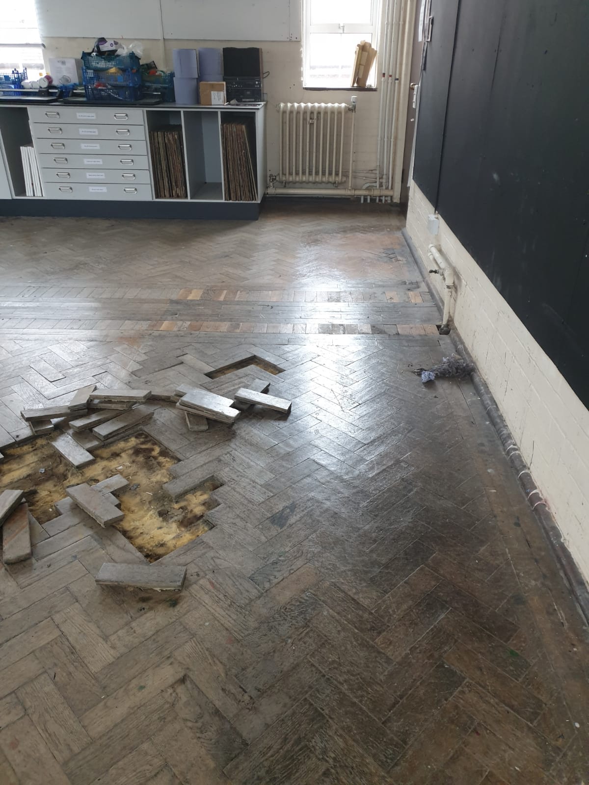 Oak Herringbone Parquet Floors Restored, Godolphin School, Salisbury