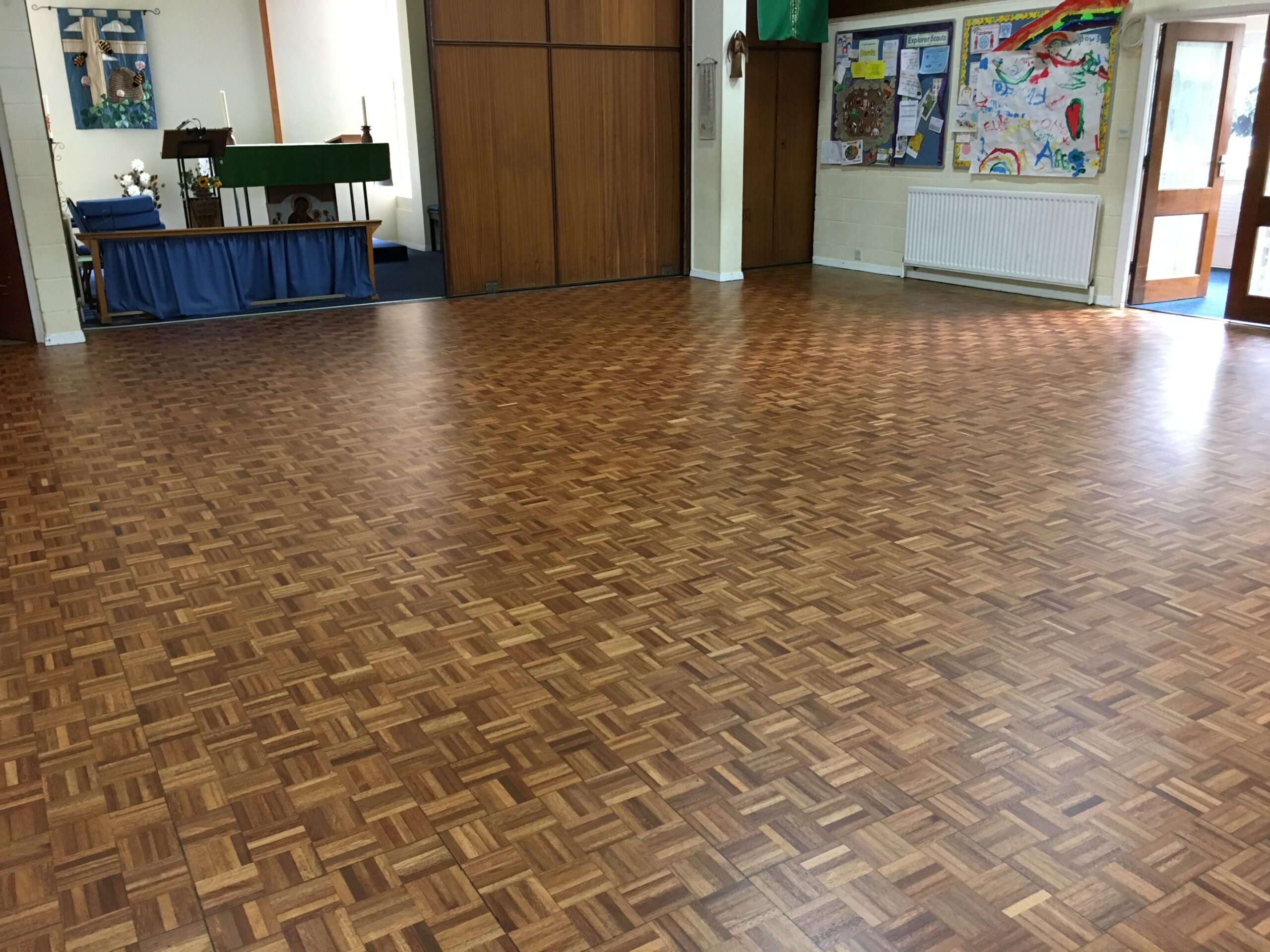 Teak Mosaic Church Floor Sanded & Restored, St Paul’s Church Centre, Andover