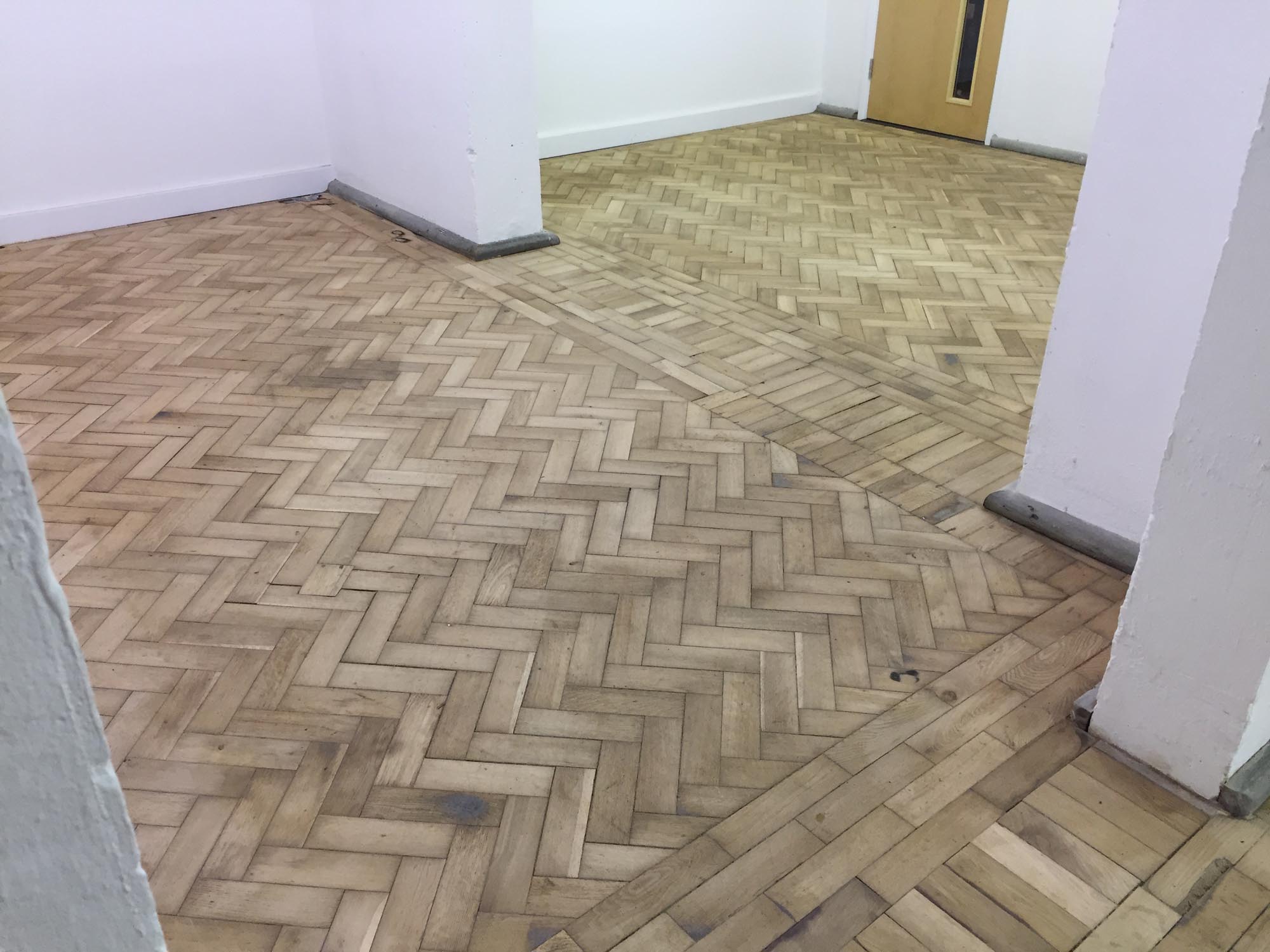 Herringbone oak Parquet in an old bunker sanding Salisbury