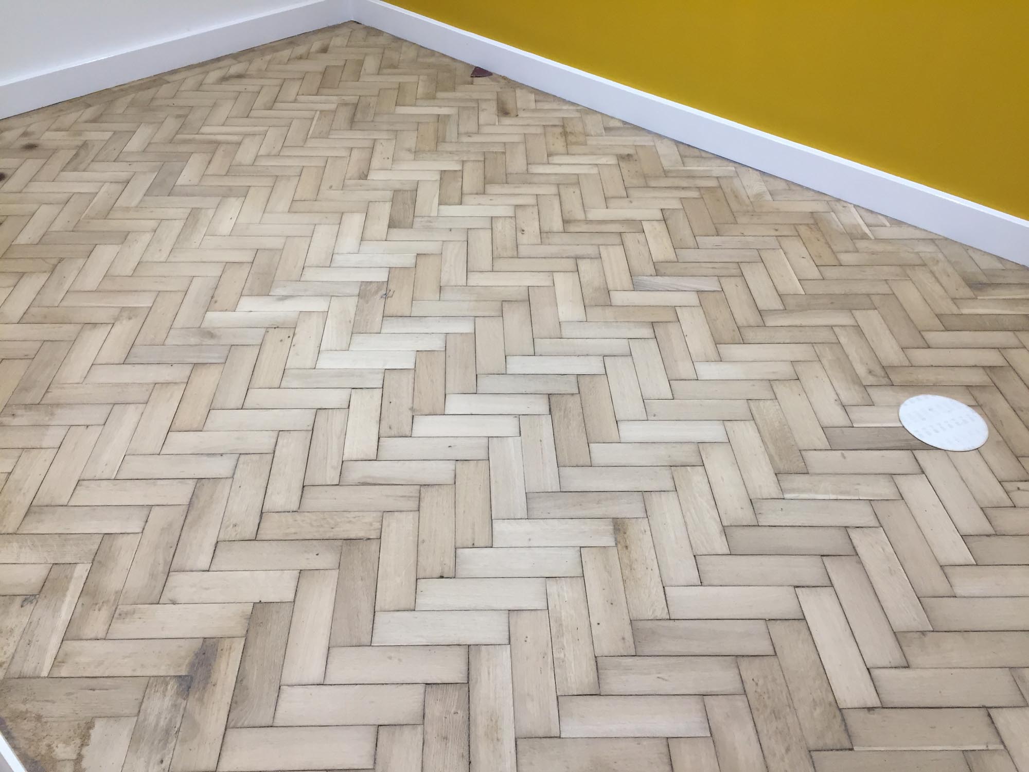 Herringbone oak Parquet in an old bunker sanding Salisbury