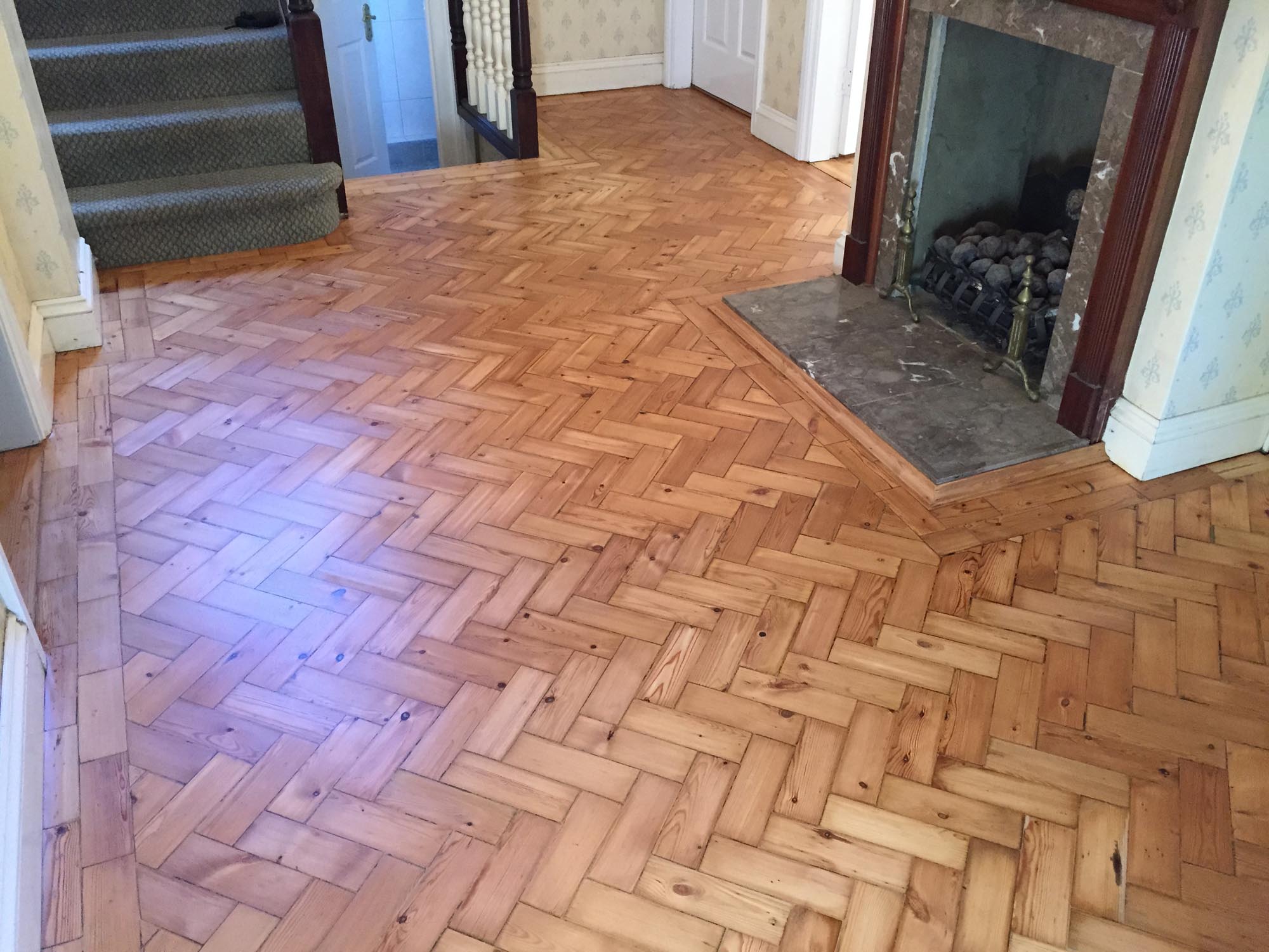 Pine parquet sanding/restoration cleaning in Wilton