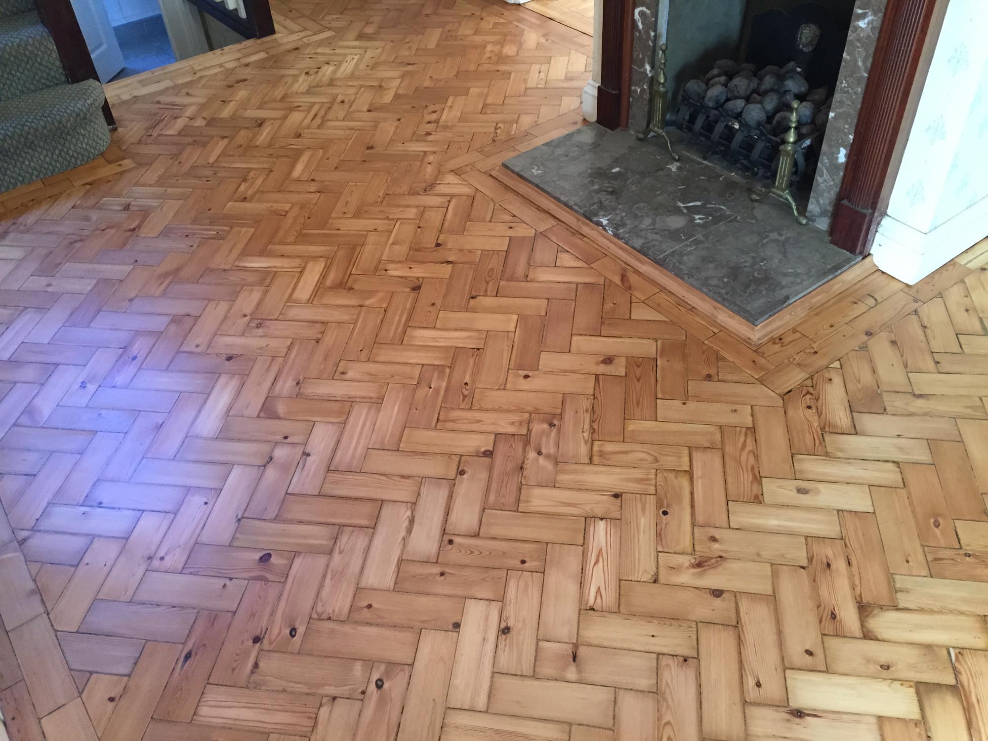 Pine parquet sanding/restoration cleaning in Wilton