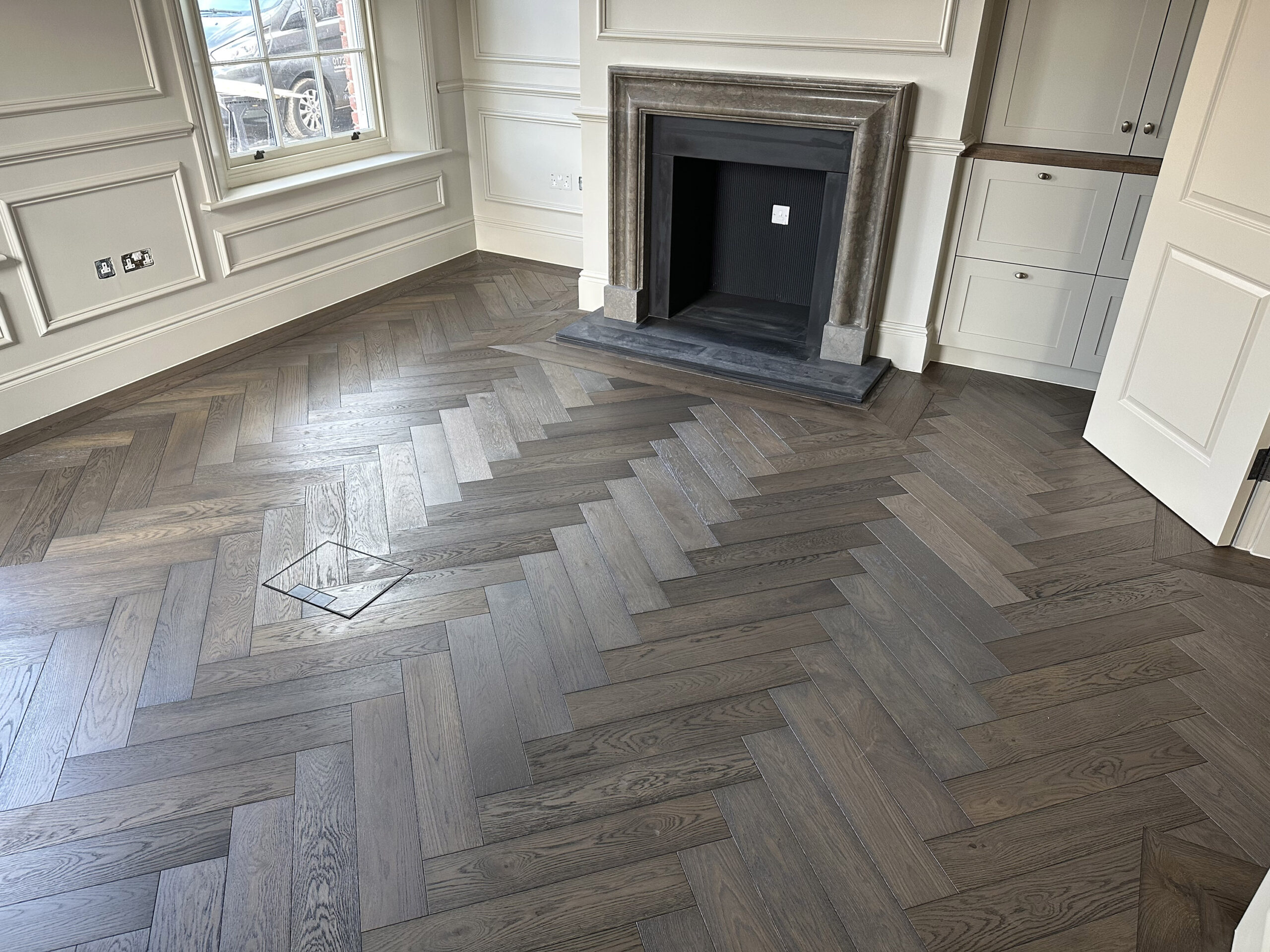 Bespoke Dark Grey Herringbone Parquet Flooring Installed, Southampton