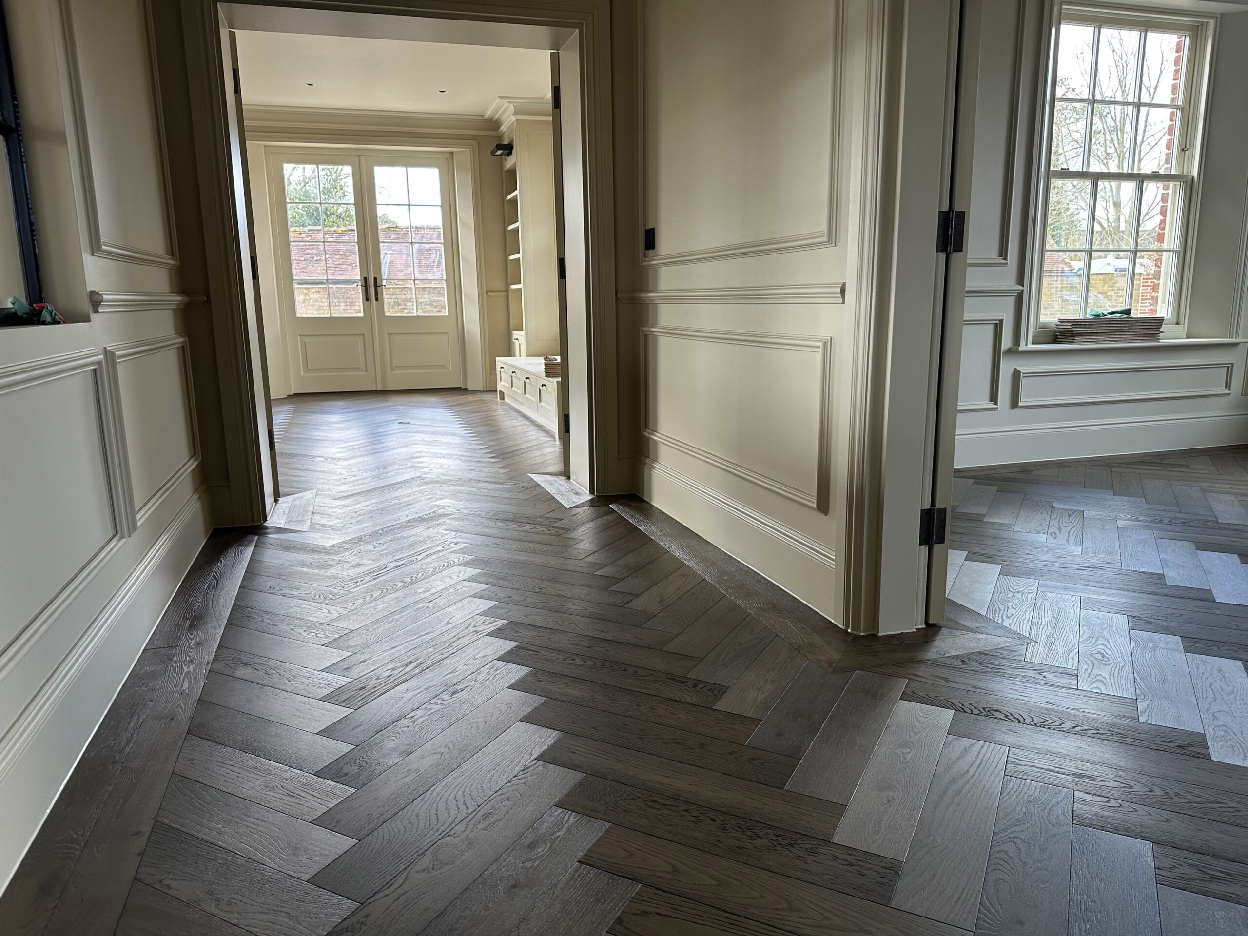 Bespoke Dark Grey Herringbone Parquet Flooring Installed, Southampton