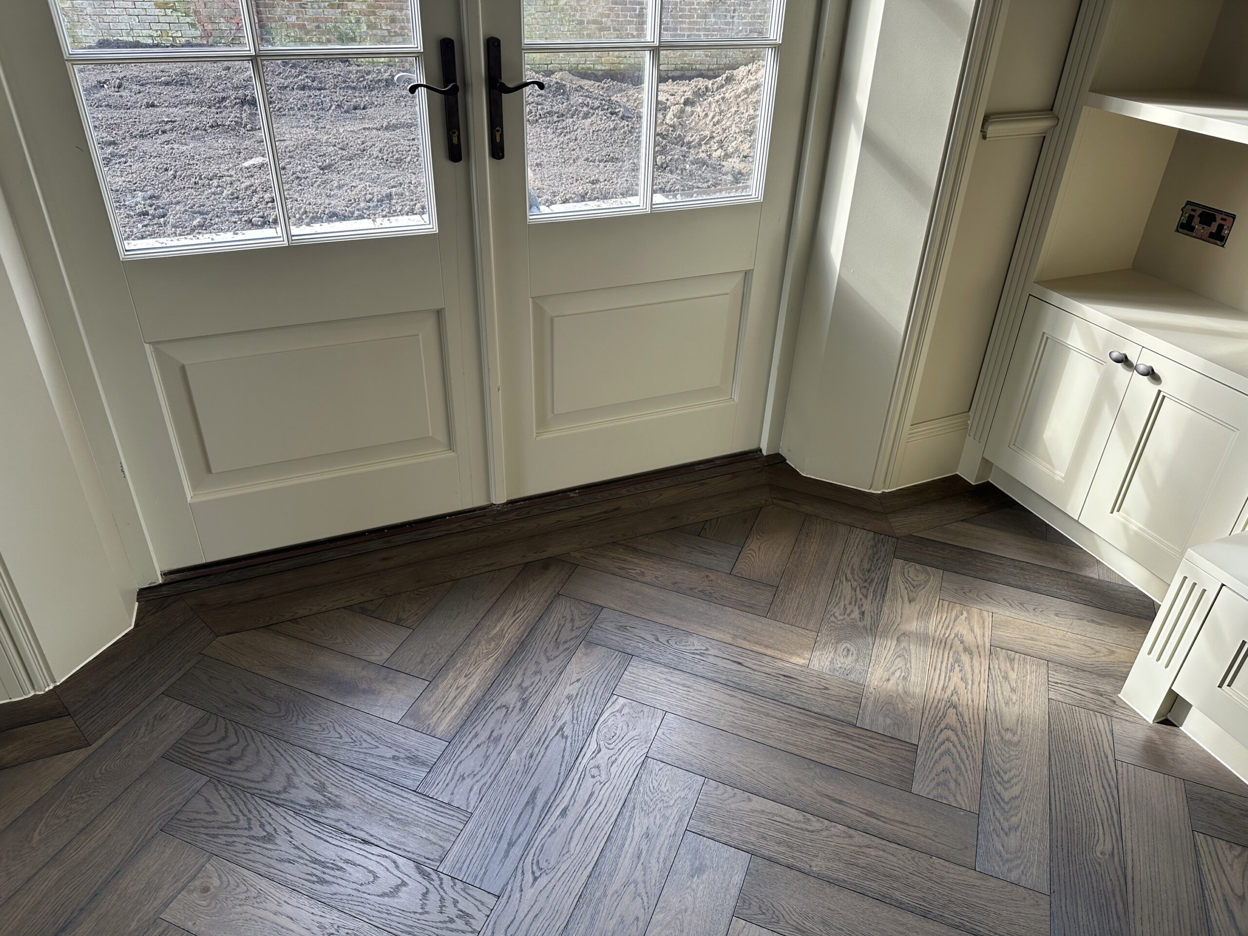 Bespoke Dark Grey Herringbone Parquet Flooring Installed, Southampton