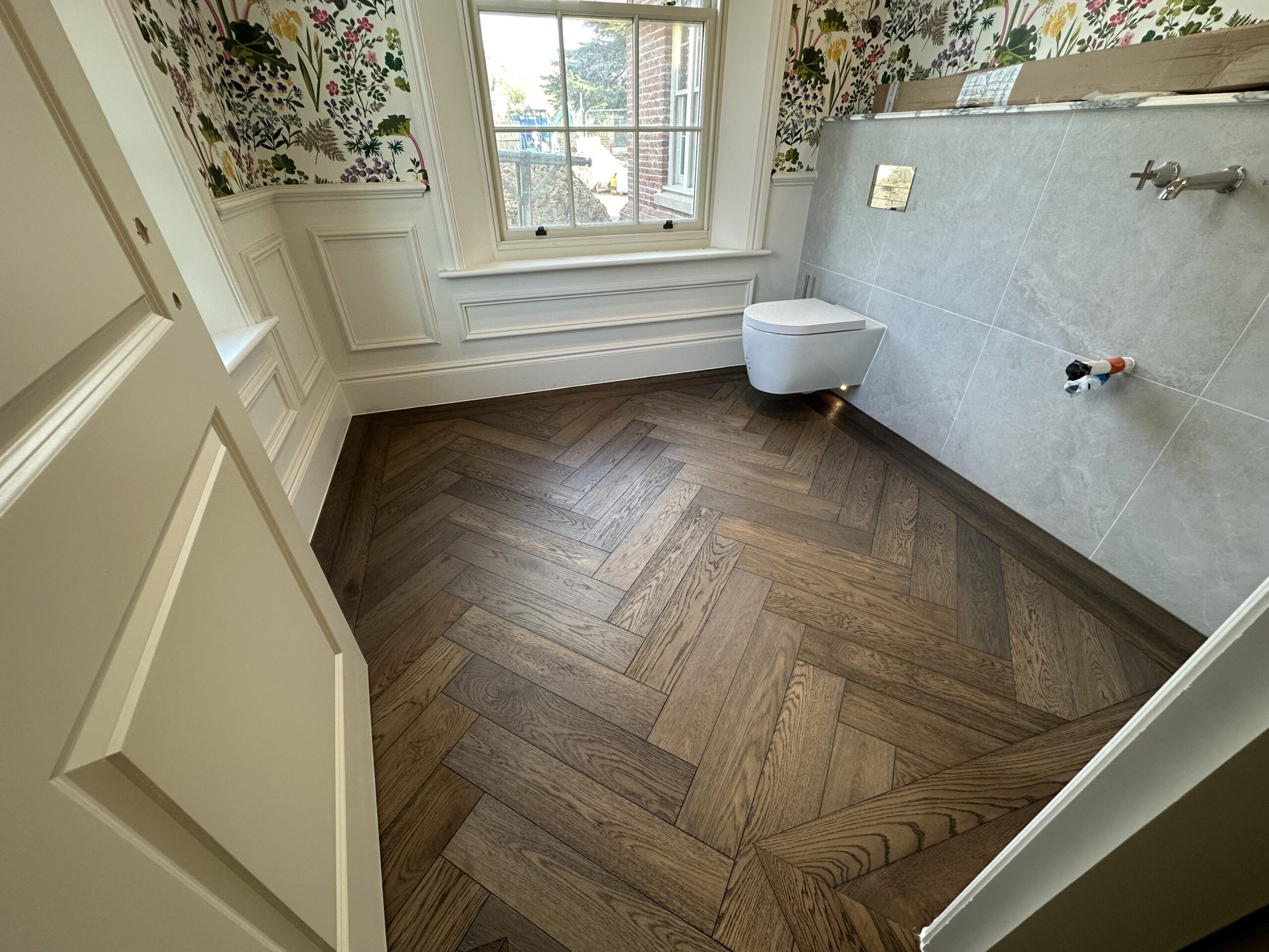 Bespoke Dark Grey Herringbone Parquet Flooring Installed, Southampton