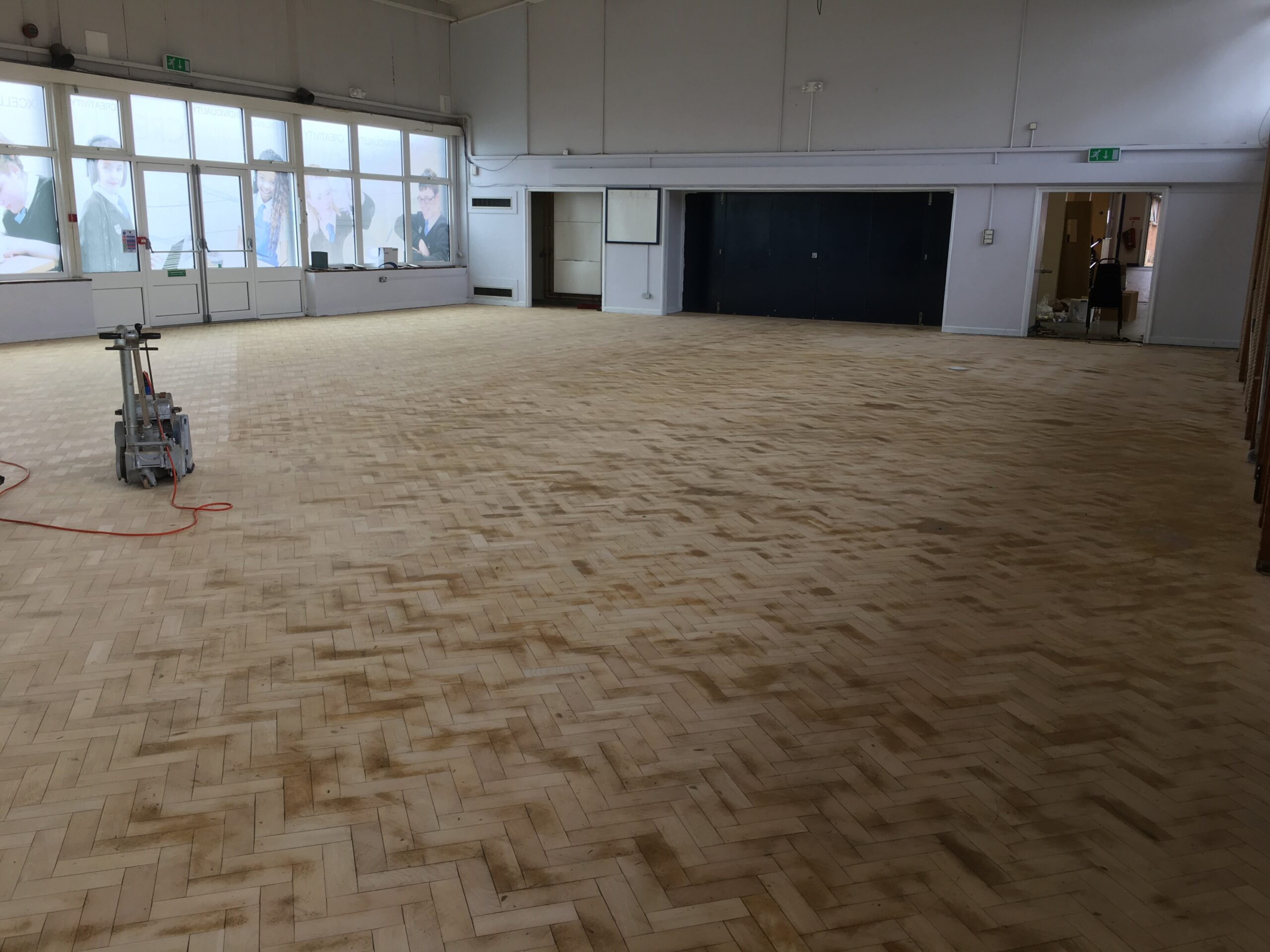 Parquet Hall Floor Sanded & Restored, Pewsey Vale School, Wiltshire