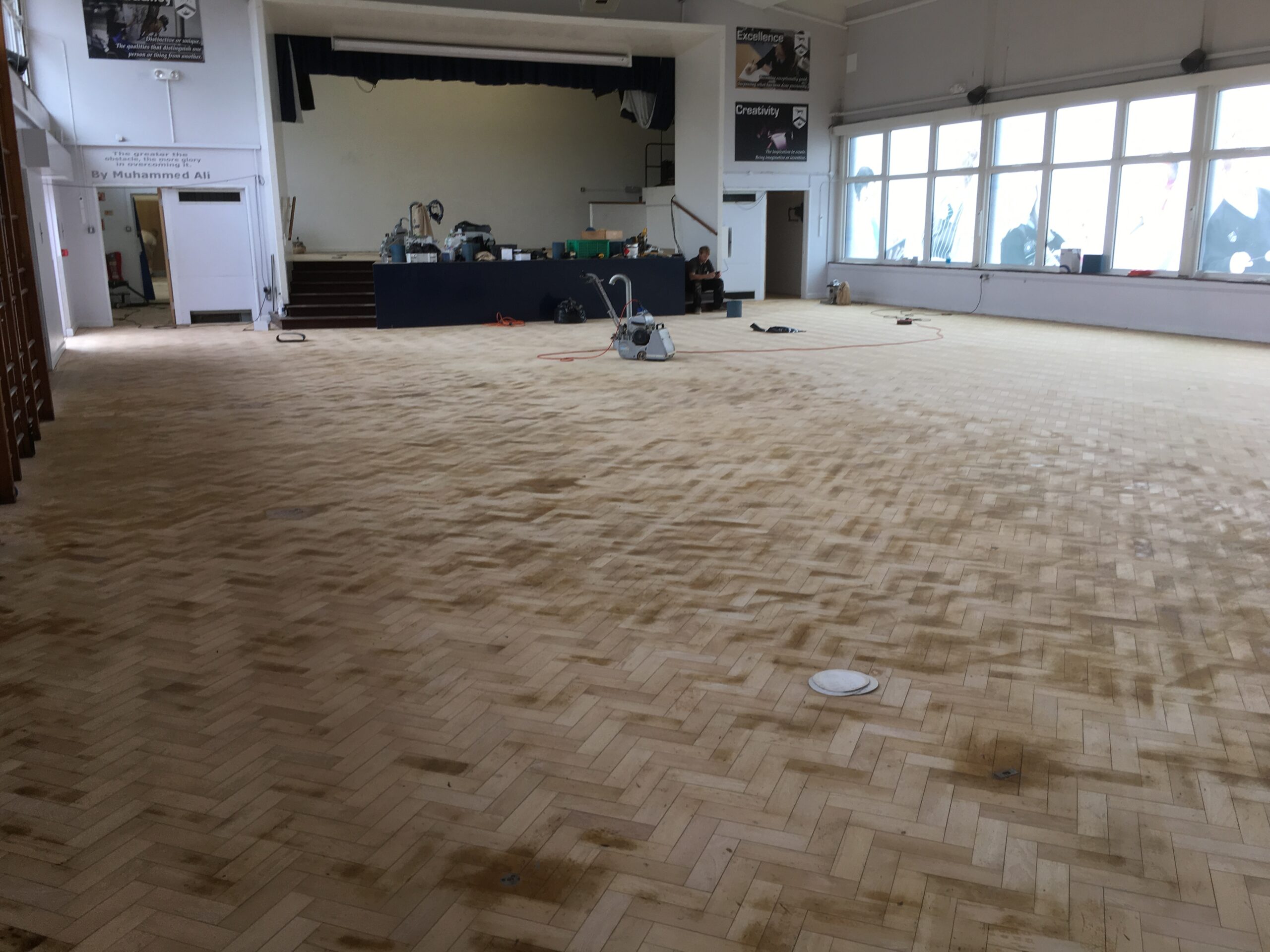 Parquet Hall Floor Sanded & Restored, Pewsey Vale School, Wiltshire