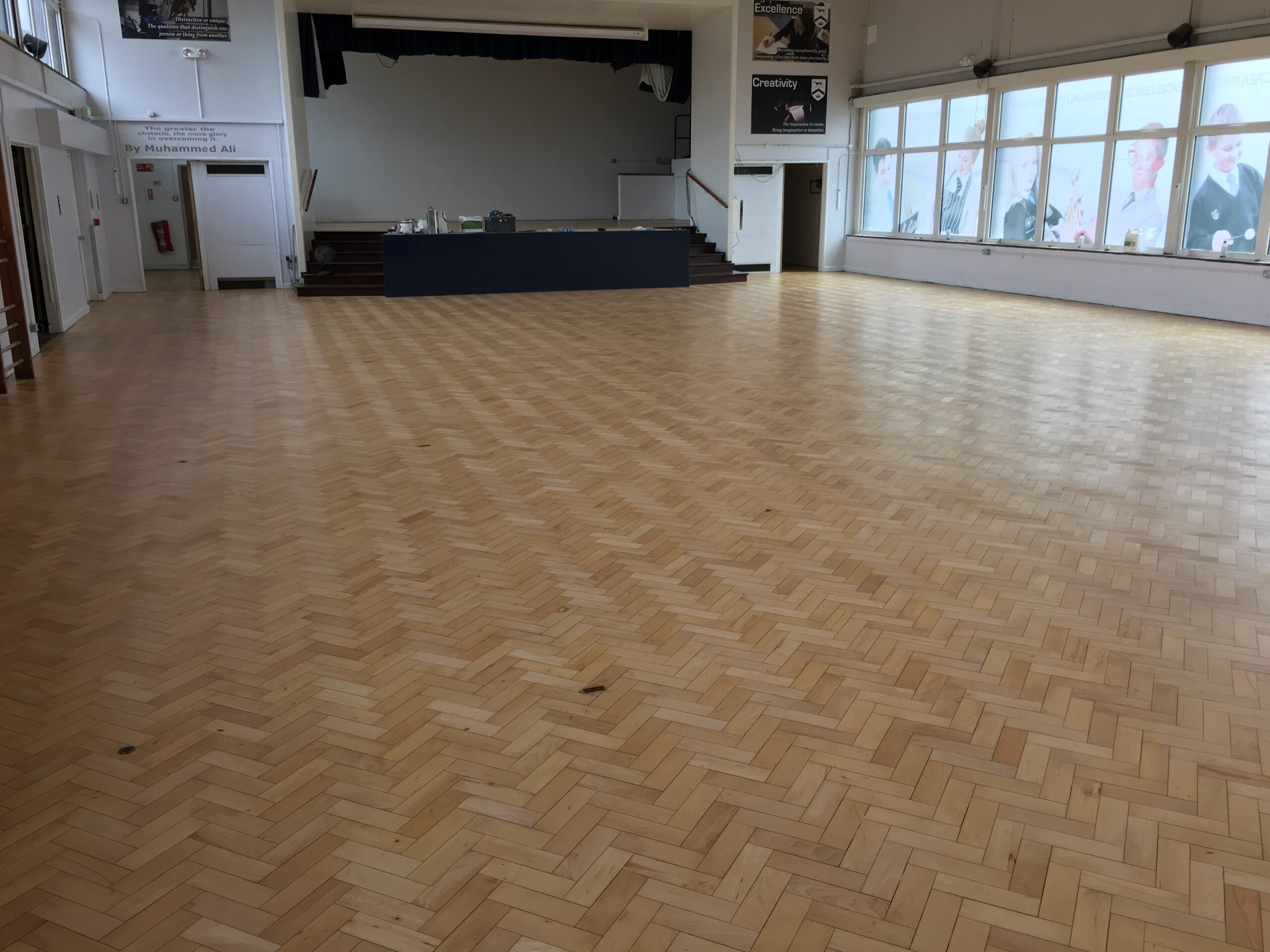 Parquet Hall Floor Sanded & Restored, Pewsey Vale School, Wiltshire