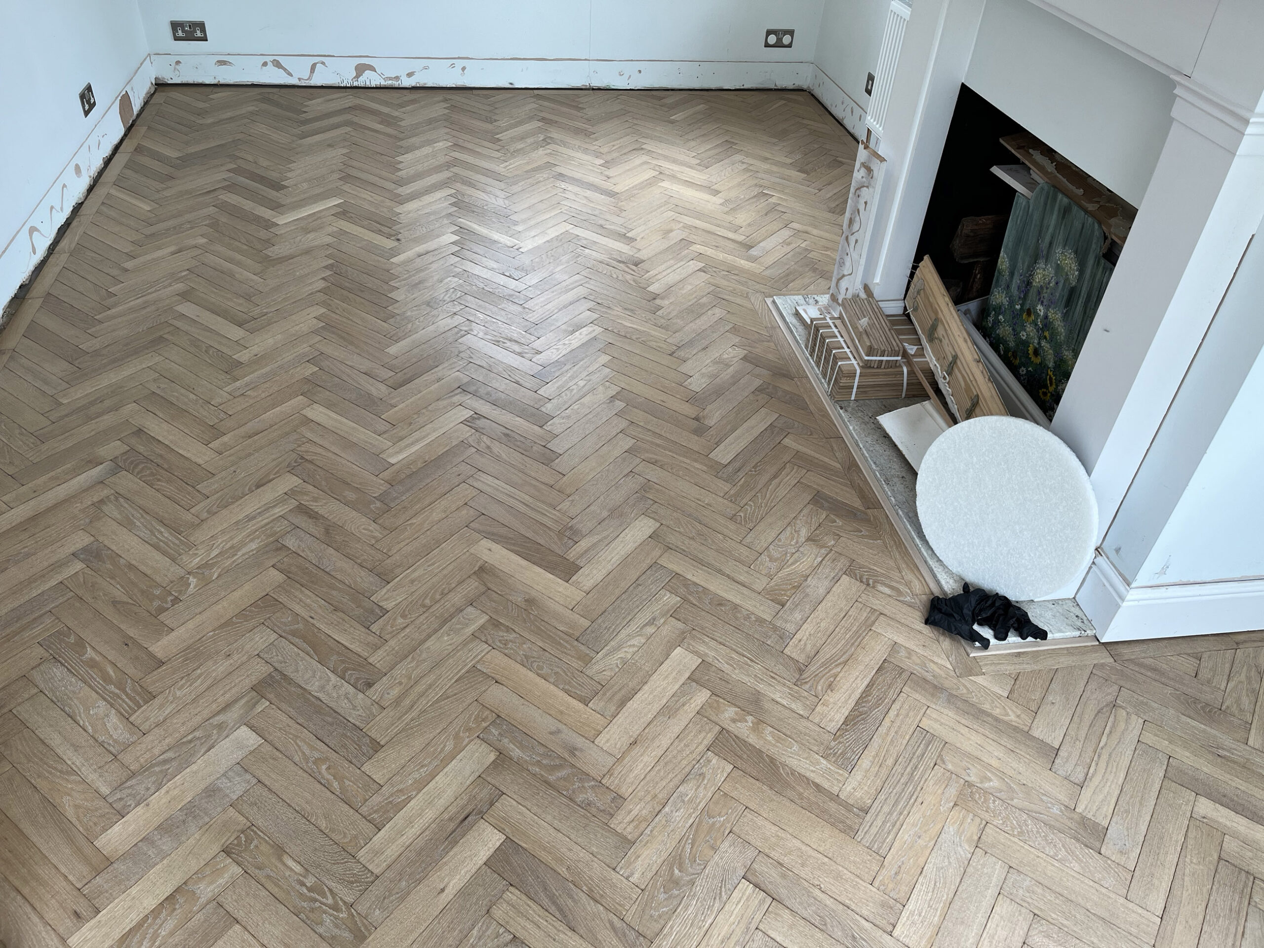 Tumbled & Distressed Light-Smoked Parquet Flooring Fitted, Fordingbridge