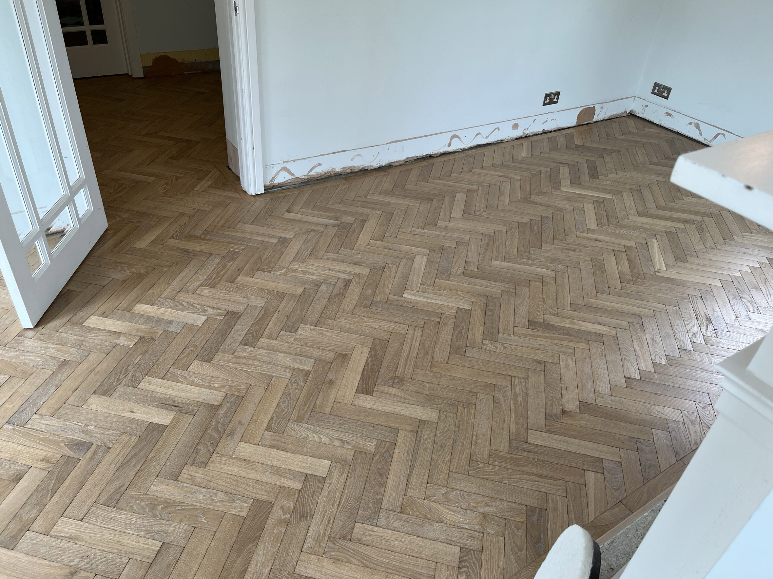 Tumbled & Distressed Light-Smoked Parquet Flooring Fitted, Fordingbridge