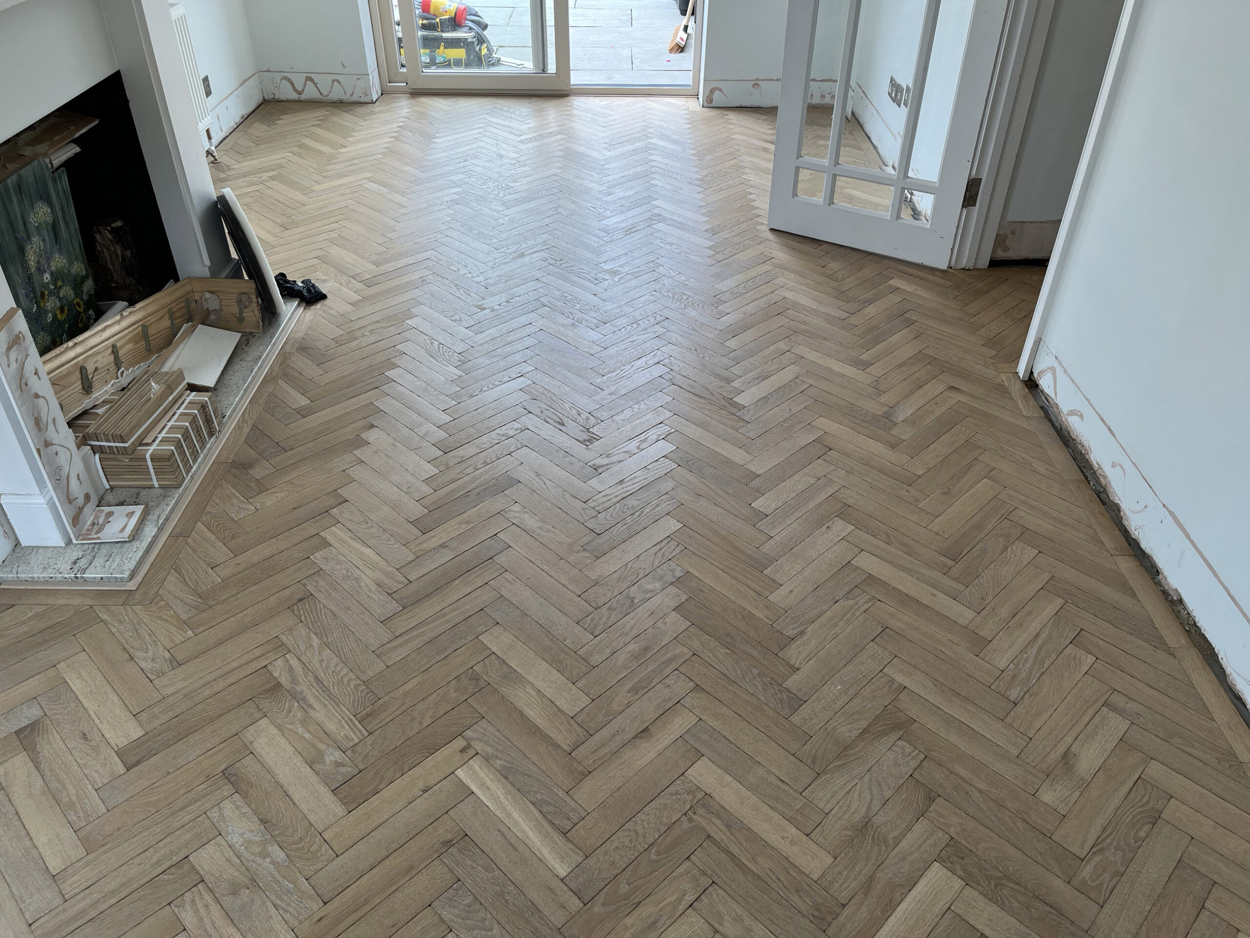 Tumbled & Distressed Light-Smoked Parquet Flooring Fitted, Fordingbridge