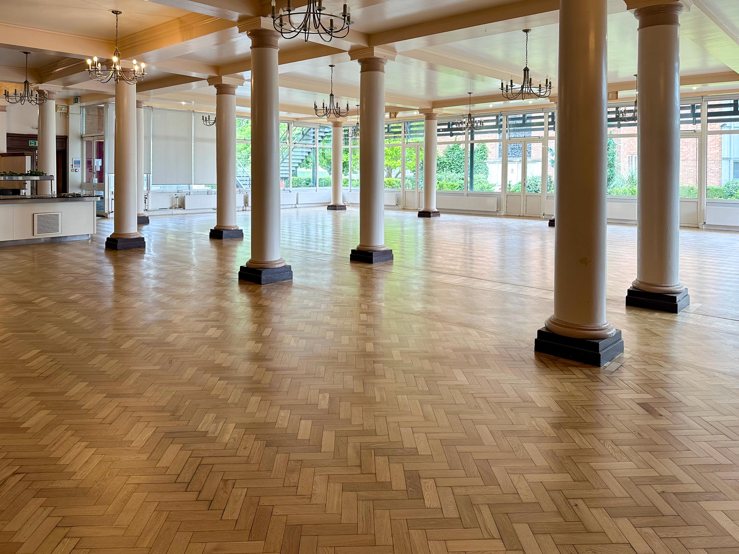 Dauntsey school dining hall commercial sanding and finishing completed project.