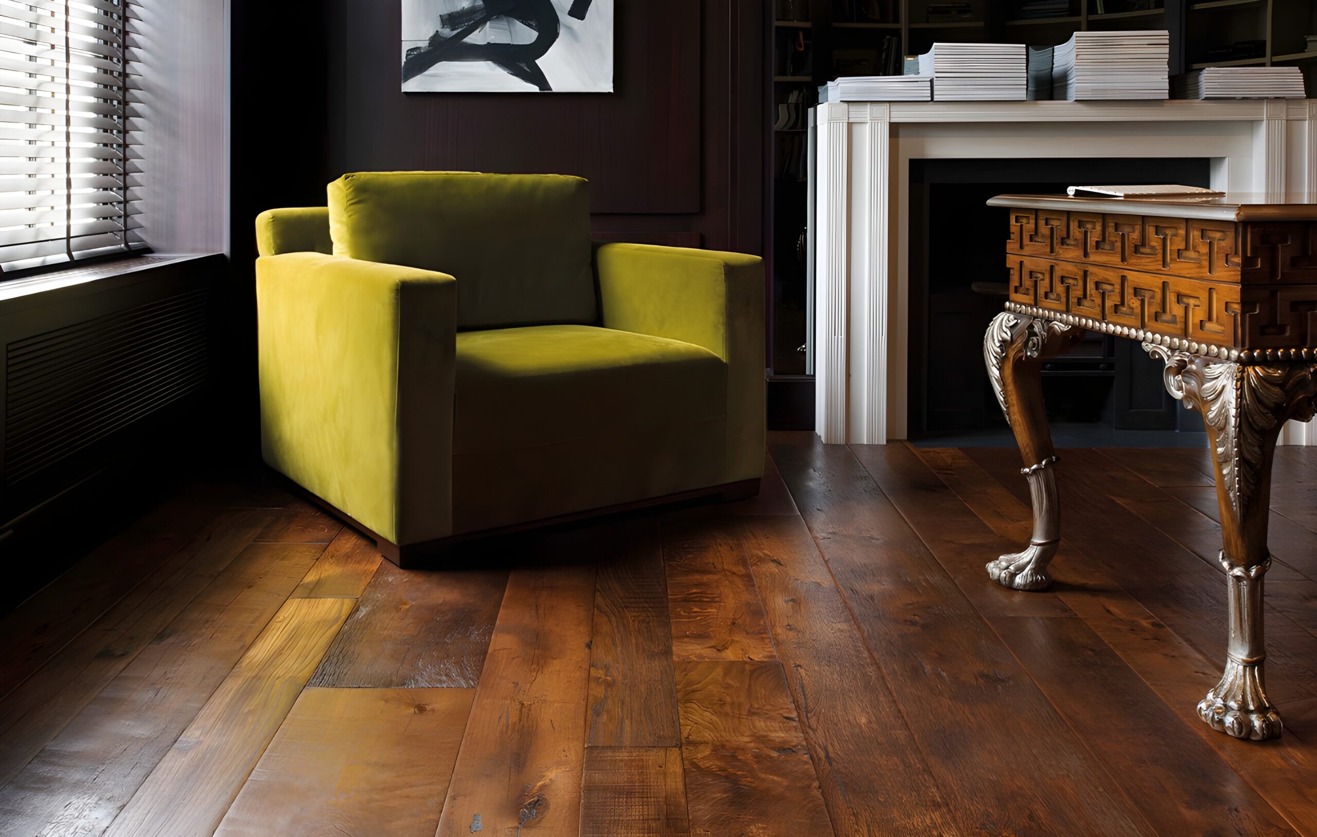 Ruskin wood flooring in panel layout in a living room setting with a green chair.
