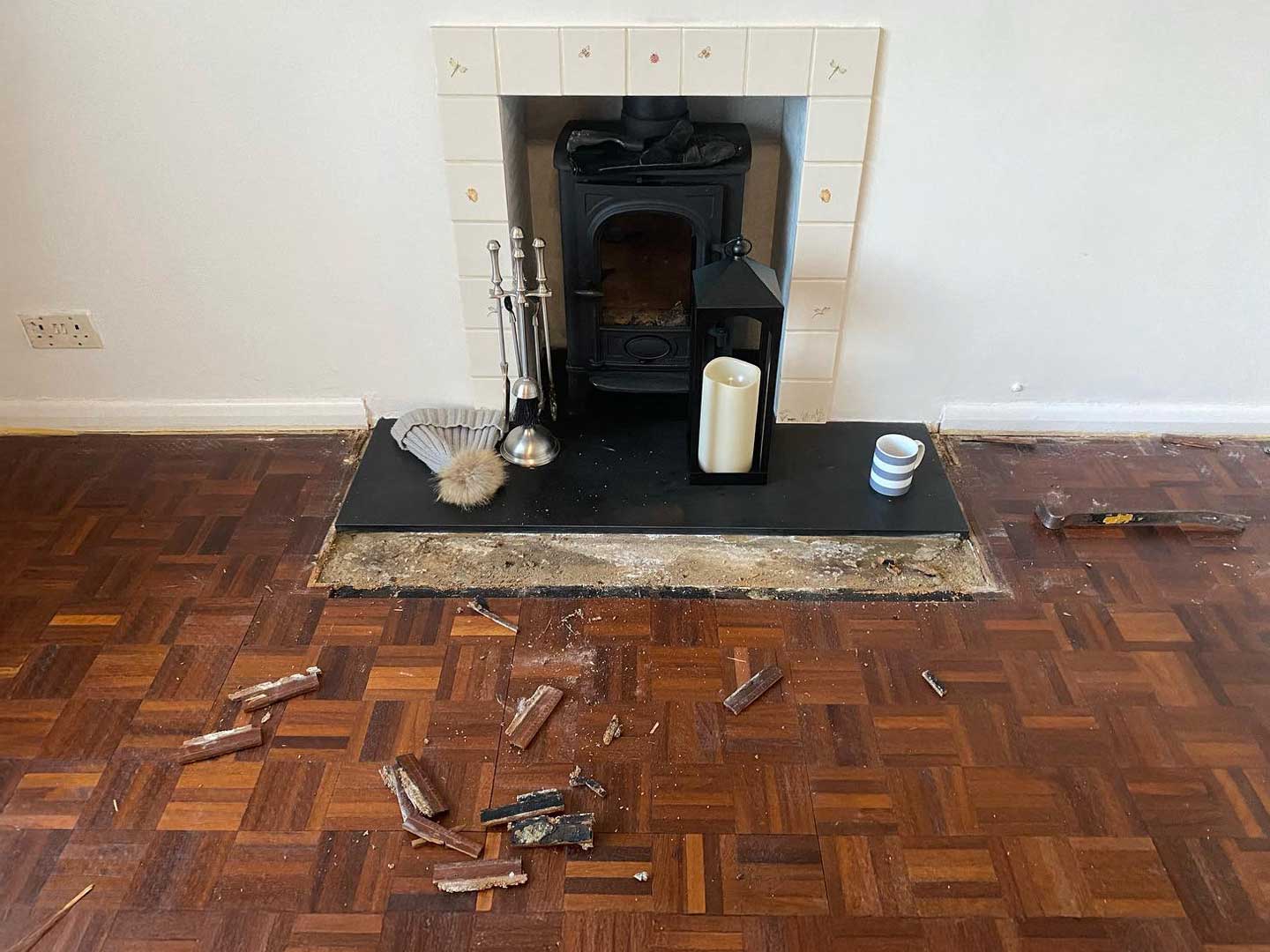 Parquet floor before it's restored and finished.