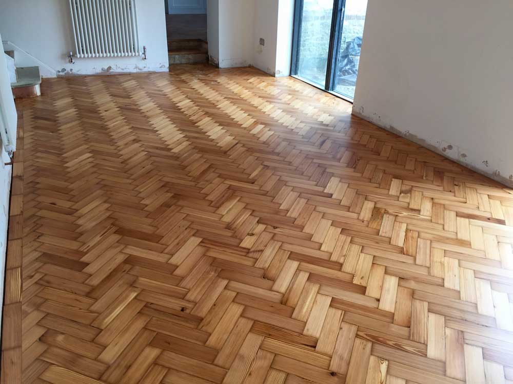Reclaimed pine parquet flooring