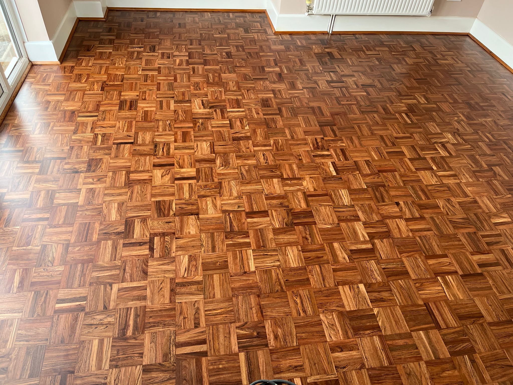 Zebrano wood mosaic parquet restoration, Durrington