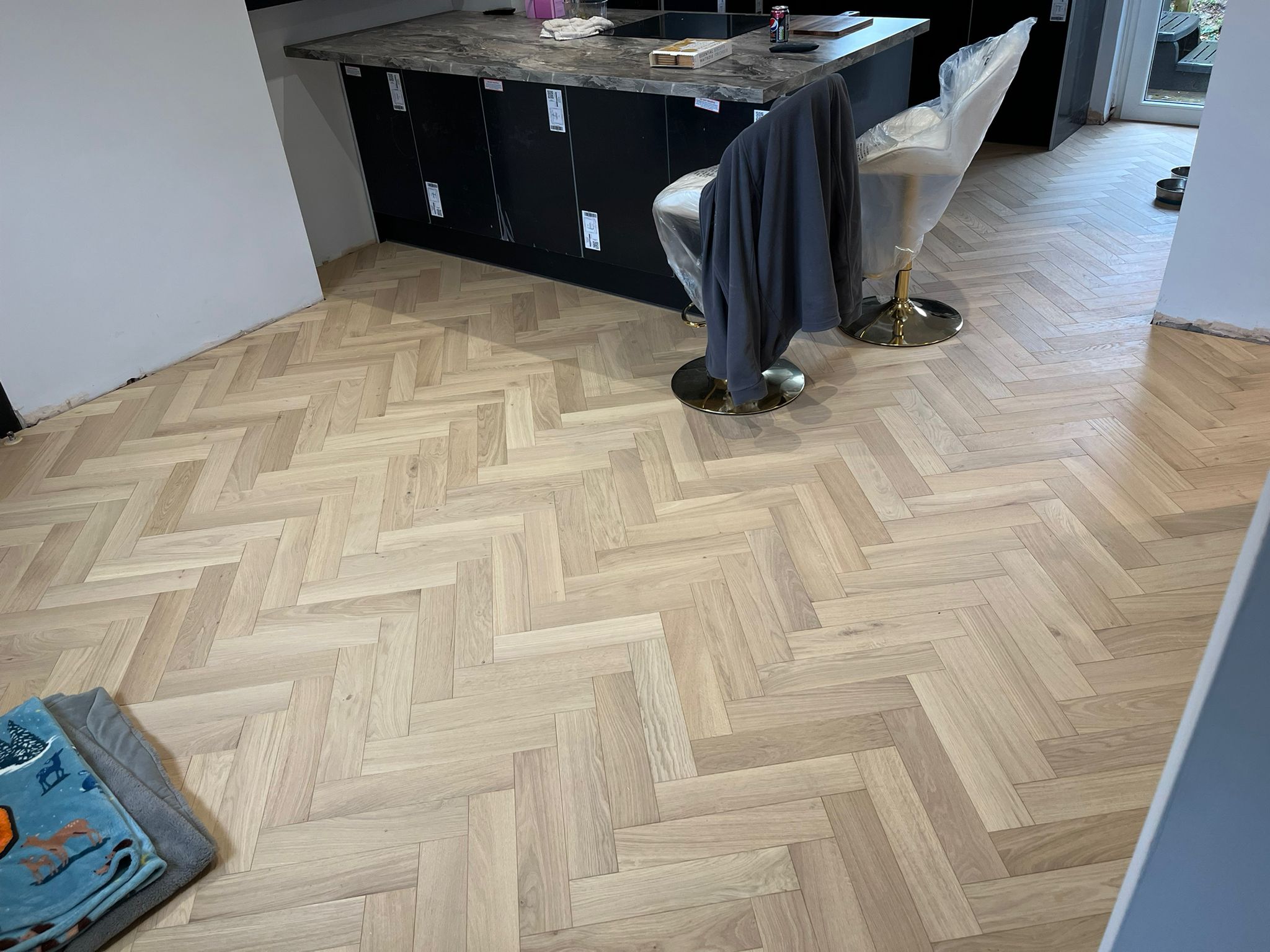 Raw Brushed & Lacquered Herringbone Parquet Wood Flooring Installed, Salisbury