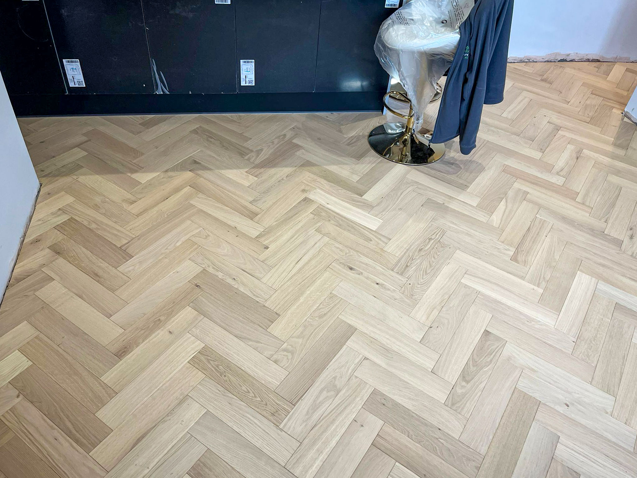 Raw Brushed & Lacquered Herringbone Parquet Wood Flooring Installed, Salisbury