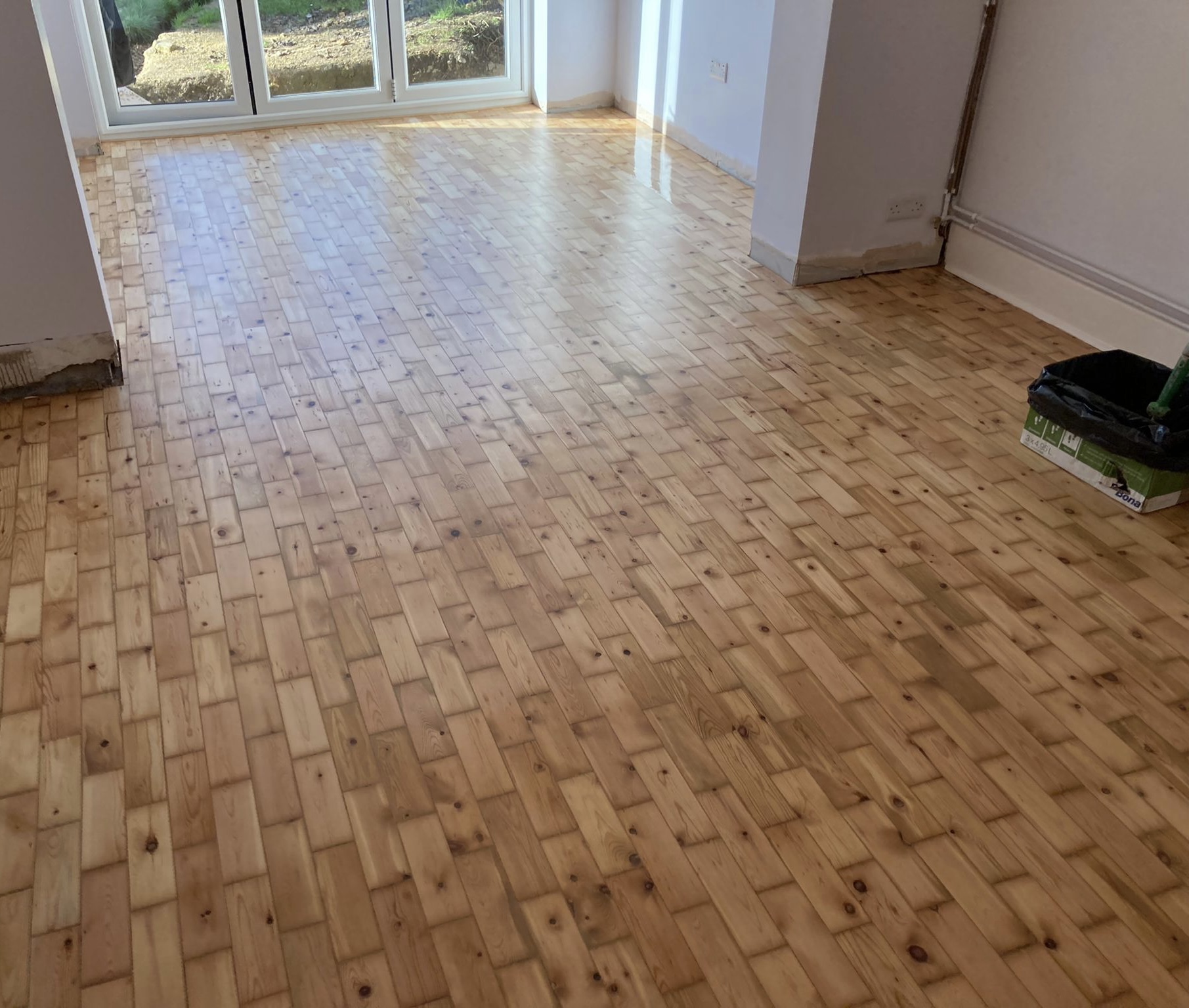 New Scots Pine Parquet Brick Effect Floor Extended, Sanded & Finished, Ringwood