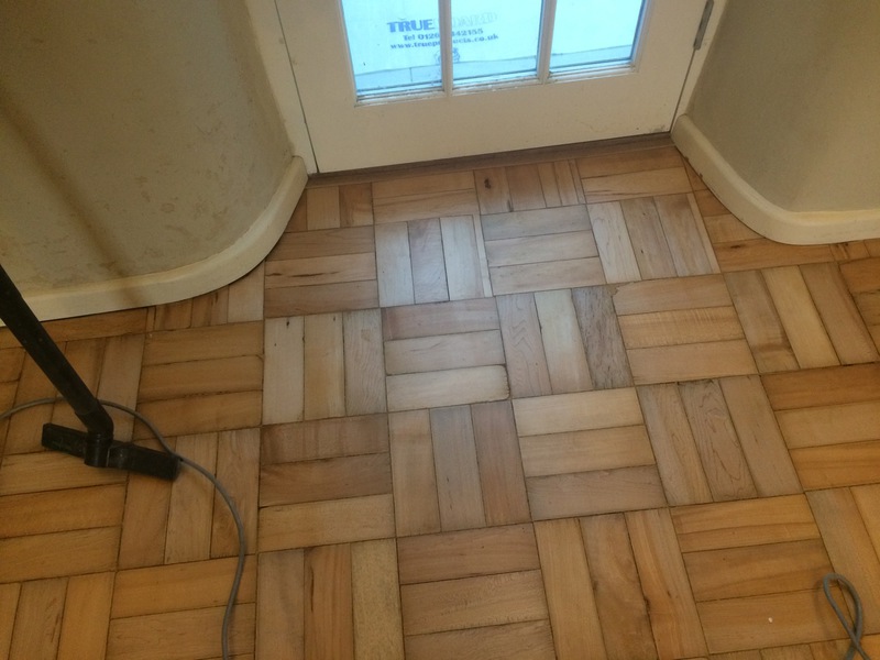 Repaired and restored basket weave parquet in Ringwood using reclaimed beech blocks, finished with Bona Mega extra matt for a timeless look.