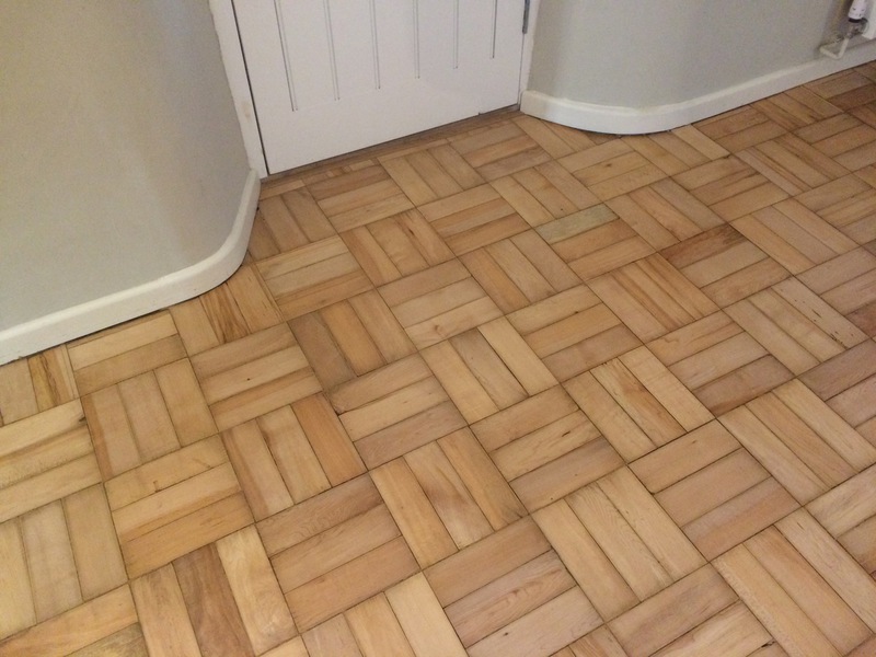 Repaired and restored basket weave parquet in Ringwood using reclaimed beech blocks, finished with Bona Mega extra matt for a timeless look.