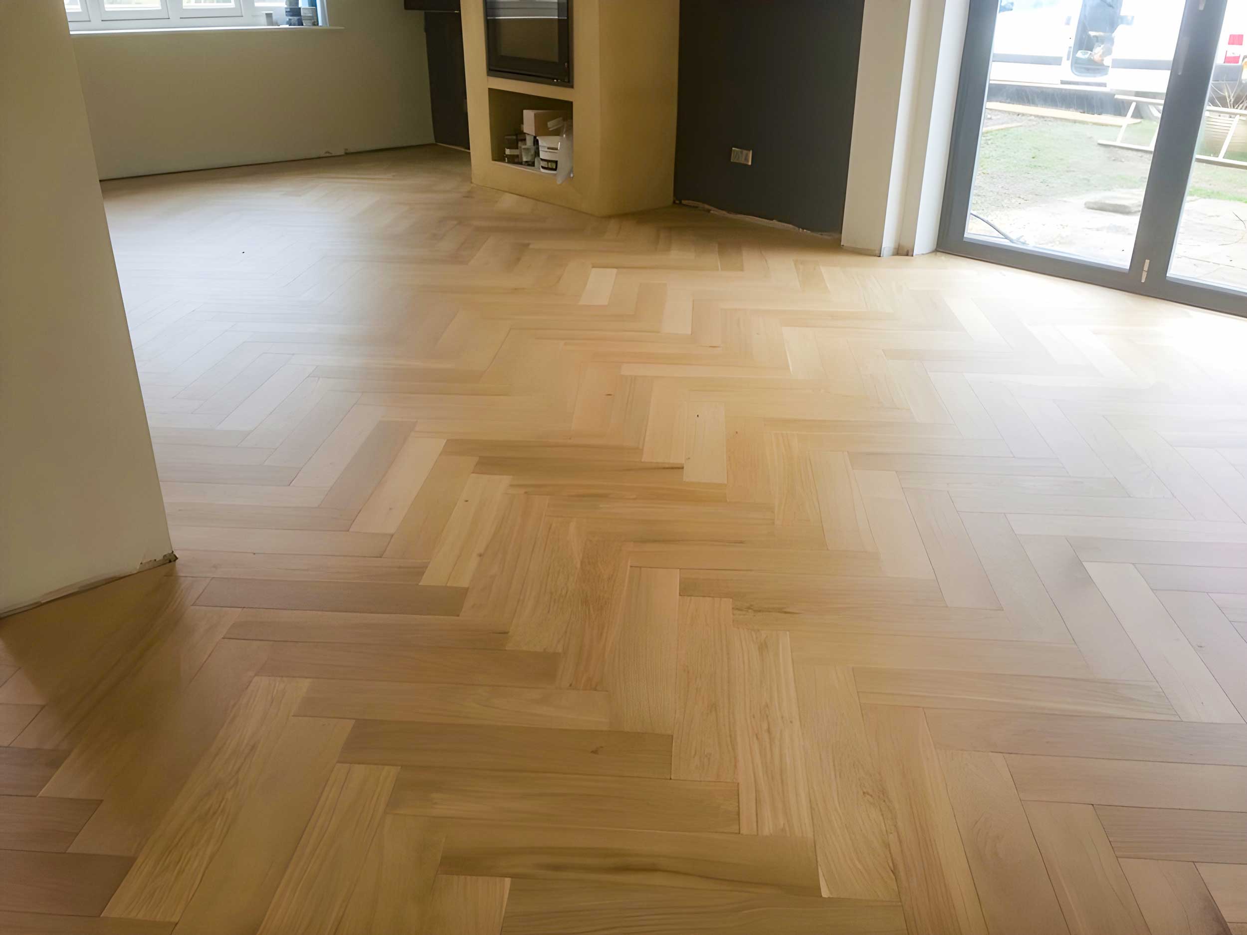 Engineered oak large parquet block wood flooring installed over underfloor heating