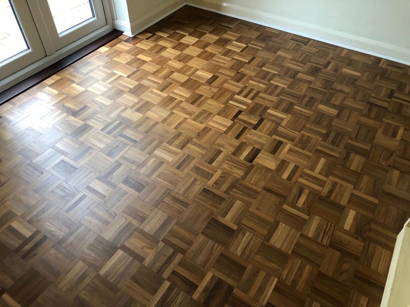 Teak Parquet mosaic wood flooring sanded and re-finished in Ringwood