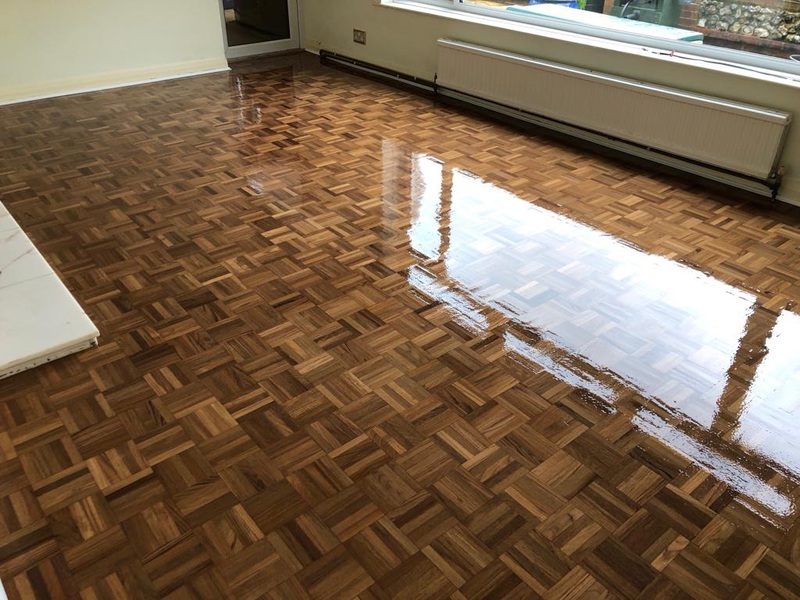 Teak Parquet mosaic wood flooring sanded and re-finished in Ringwood