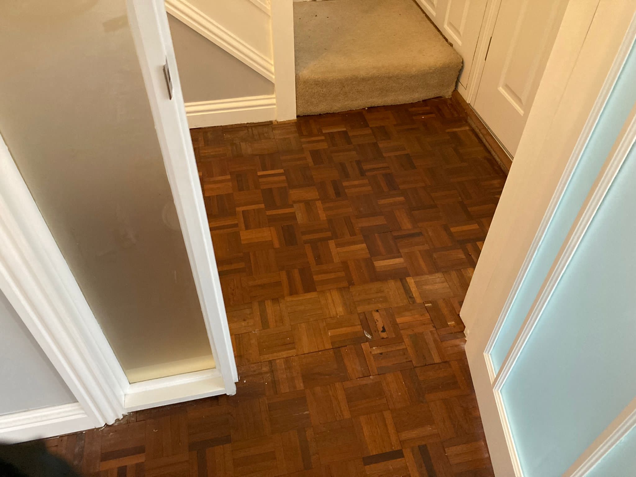 Merbau Mosaic Parquet Floor Restored, Salisbury