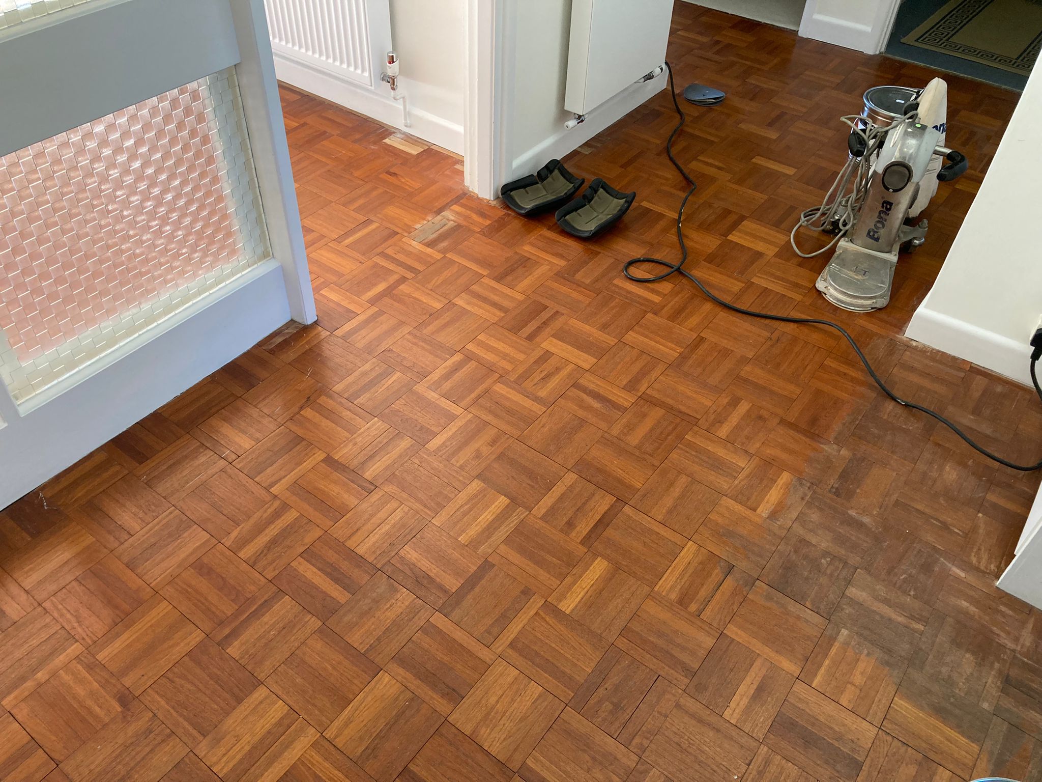(new) Burmese or Indonesian Teak Mosaic parquet Restoration, Bona traffic Xtra Matt - Lymington