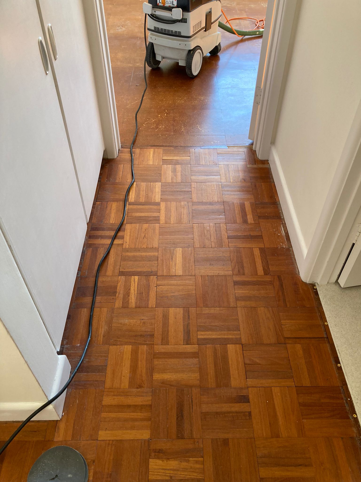 (new) Burmese or Indonesian Teak Mosaic parquet Restoration, Bona traffic Xtra Matt - Lymington