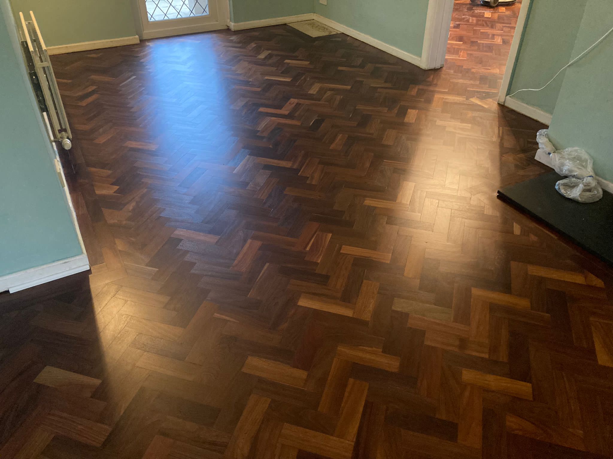 African Mahogany (Sapele) Herringbone Parquet Restoration, Andover