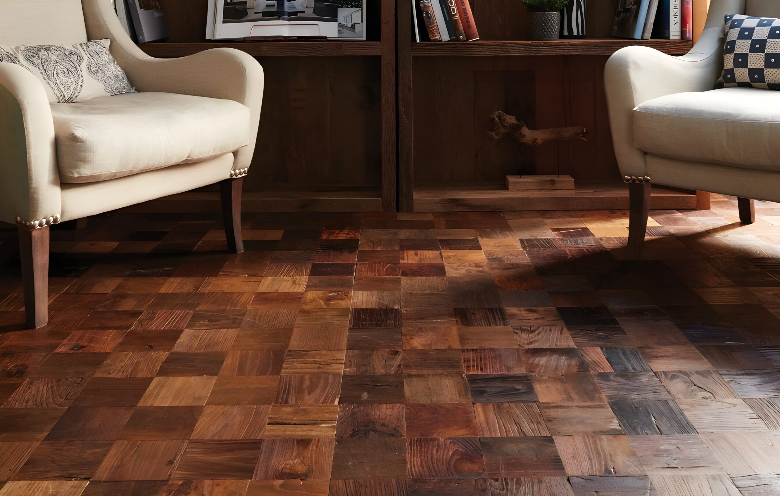 Mayer chequerboard cameo antique in living room setting with white armchairs.
