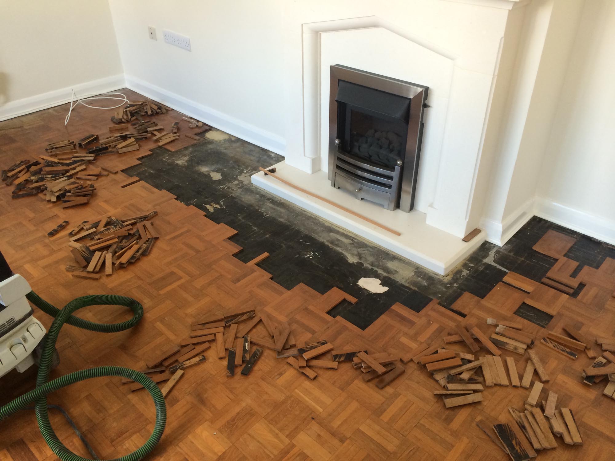 Finger parquet parkett wood floor sanded and filled finished with lacquer