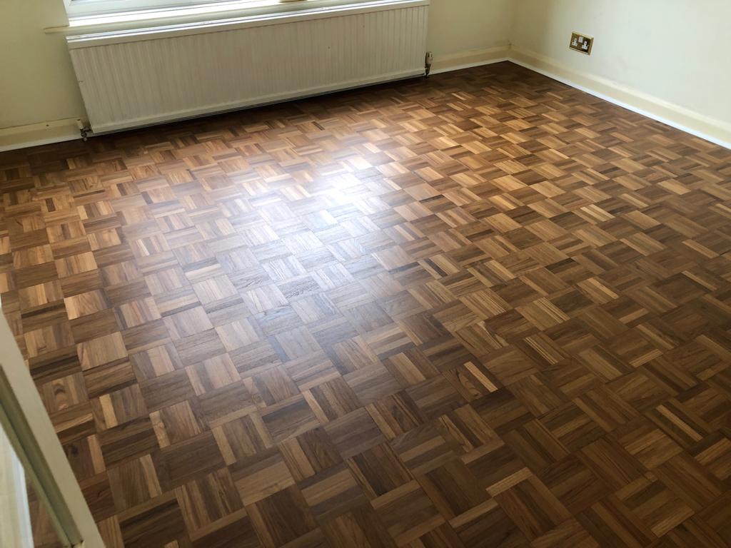Teak Parquet mosaic wood flooring sanded and re-finished in Ringwood