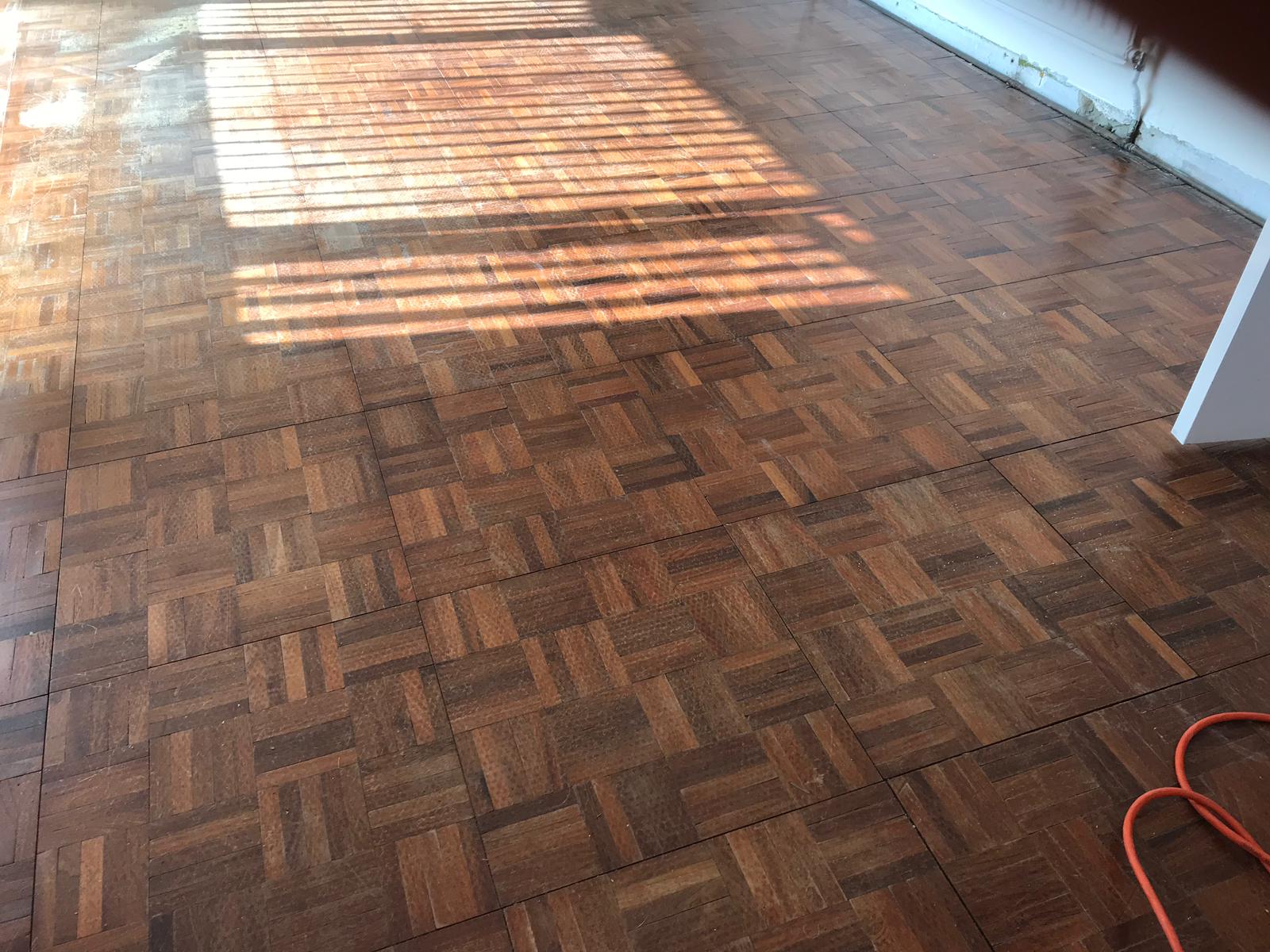 Teak Parquet mosaic wood flooring sanded and re-finished in Ringwood