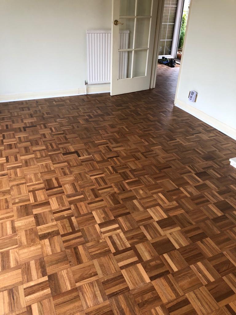 Teak Parquet mosaic wood flooring sanded and re-finished in Ringwood