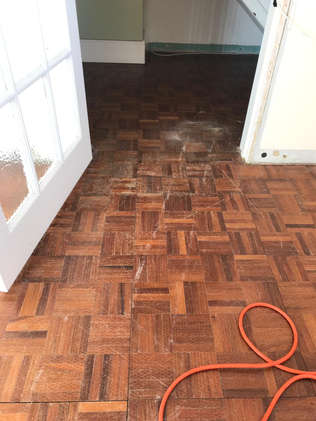 Teak Parquet mosaic wood flooring sanded and re-finished in Ringwood